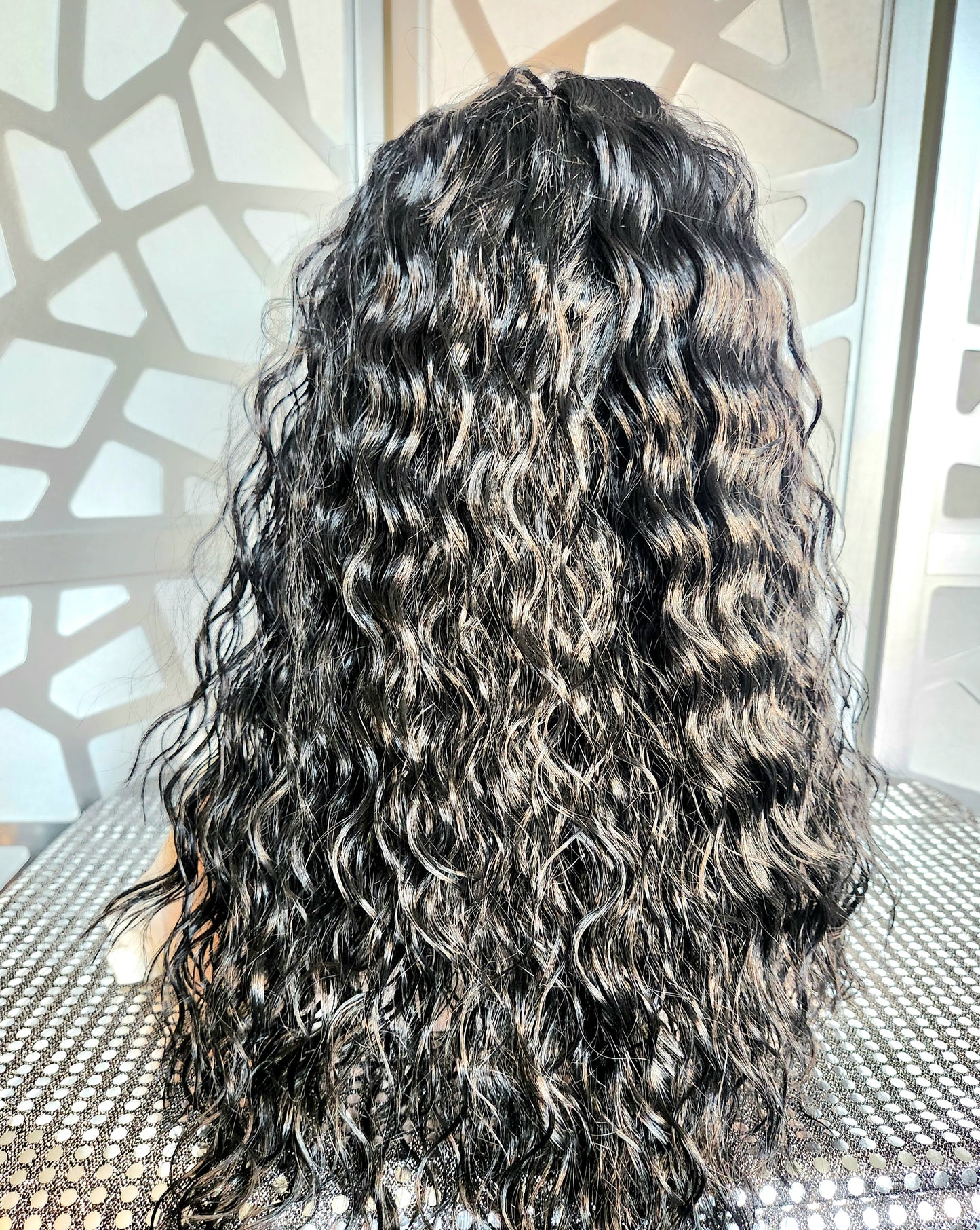 Black Curly Wig Free parting 13x4 Human Hair Blend balayage Highlights Auburn Glueless Heat Safe