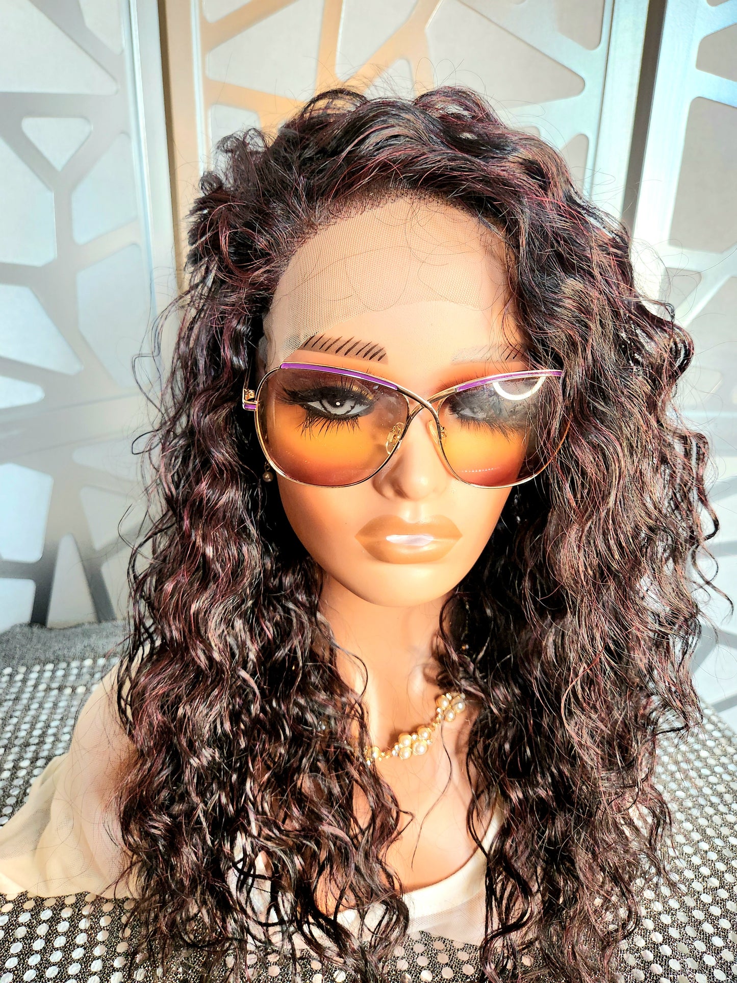 Black Curly Wig Free parting 13x4 Human Hair Blend balayage Highlights Auburn Glueless Heat Safe