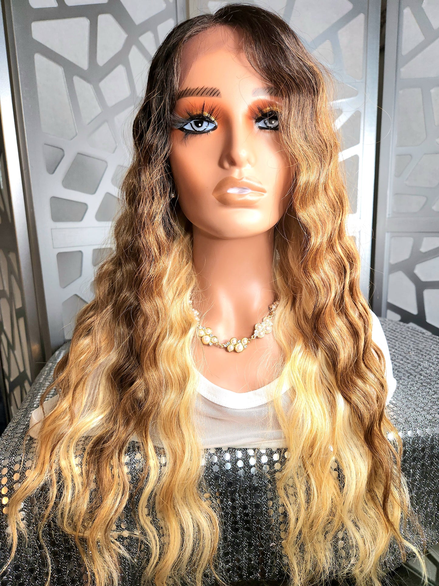 Wavy Blonde Wig Lace Front Wig Curly Blonde Wig Ombre Highlights Human Hair Blend Glueless Daily Wear Hair Loss Heat Safe