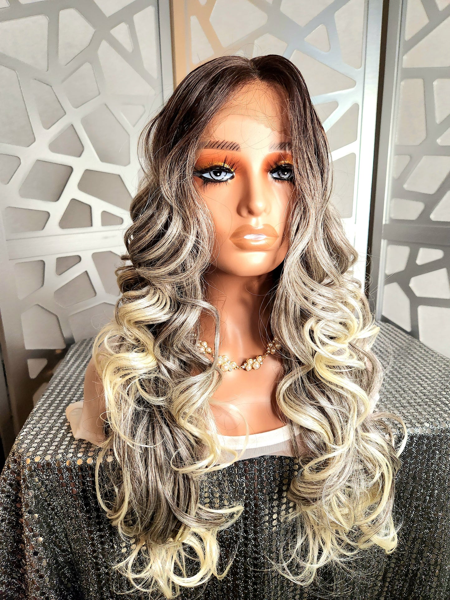 Long Curly Wig Platinum Blonde Wig Lace Front Wig Human Hair Blend Ombre White Blonde Wig Daily wear Hair Loss Heat Safe