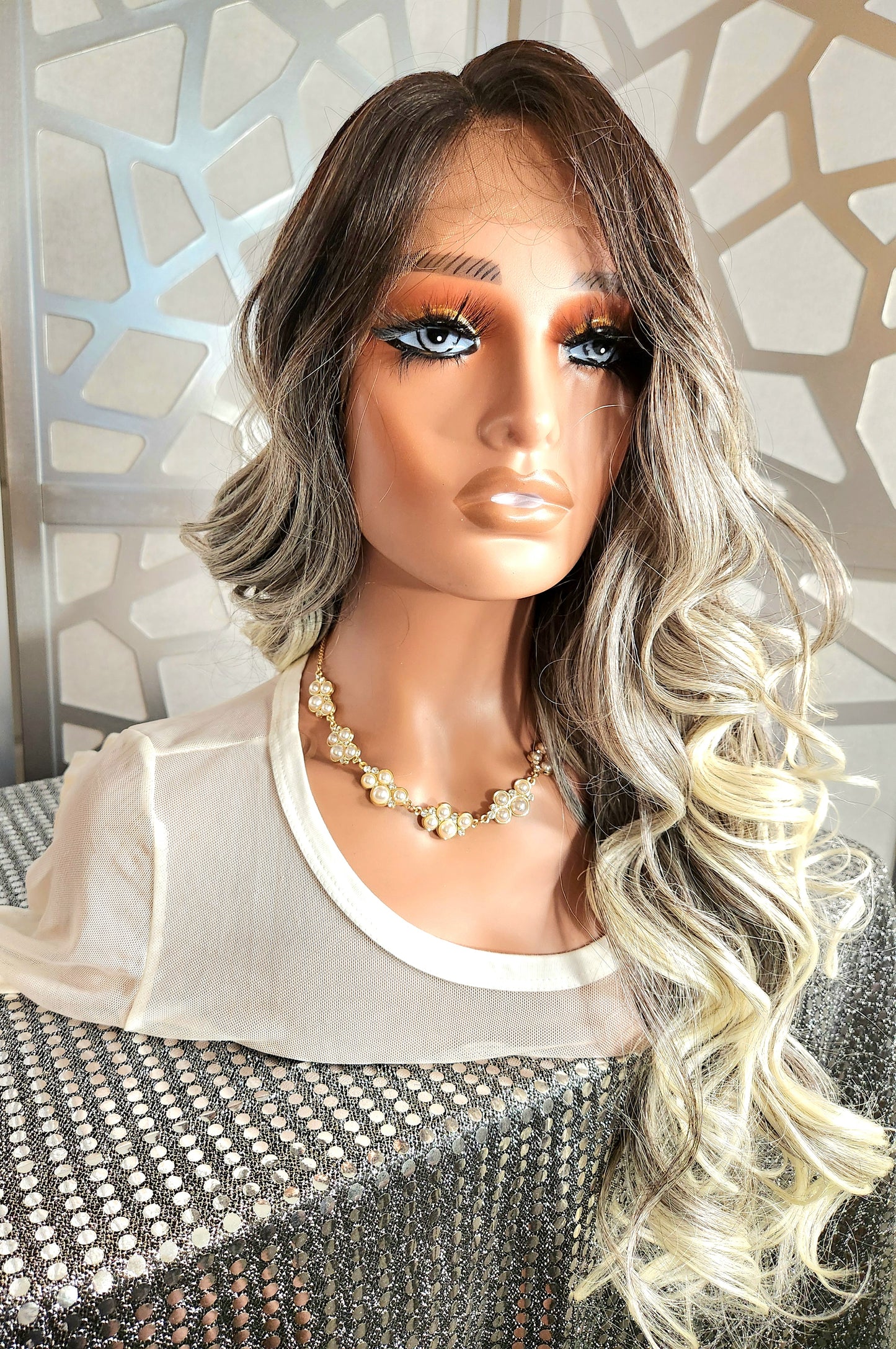 Long Curly Wig Platinum Blonde Wig Lace Front Wig Human Hair Blend Ombre White Blonde Wig Daily wear Hair Loss Heat Safe