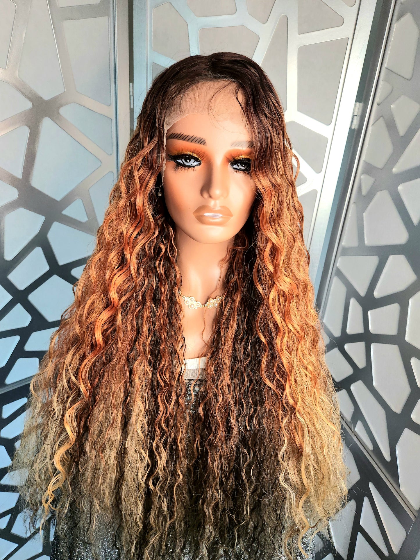 34" Long Curly Wig Reddish Blonde Wig Lace Front Wig Human Hair Wig Ombre Highlights Blonde Red