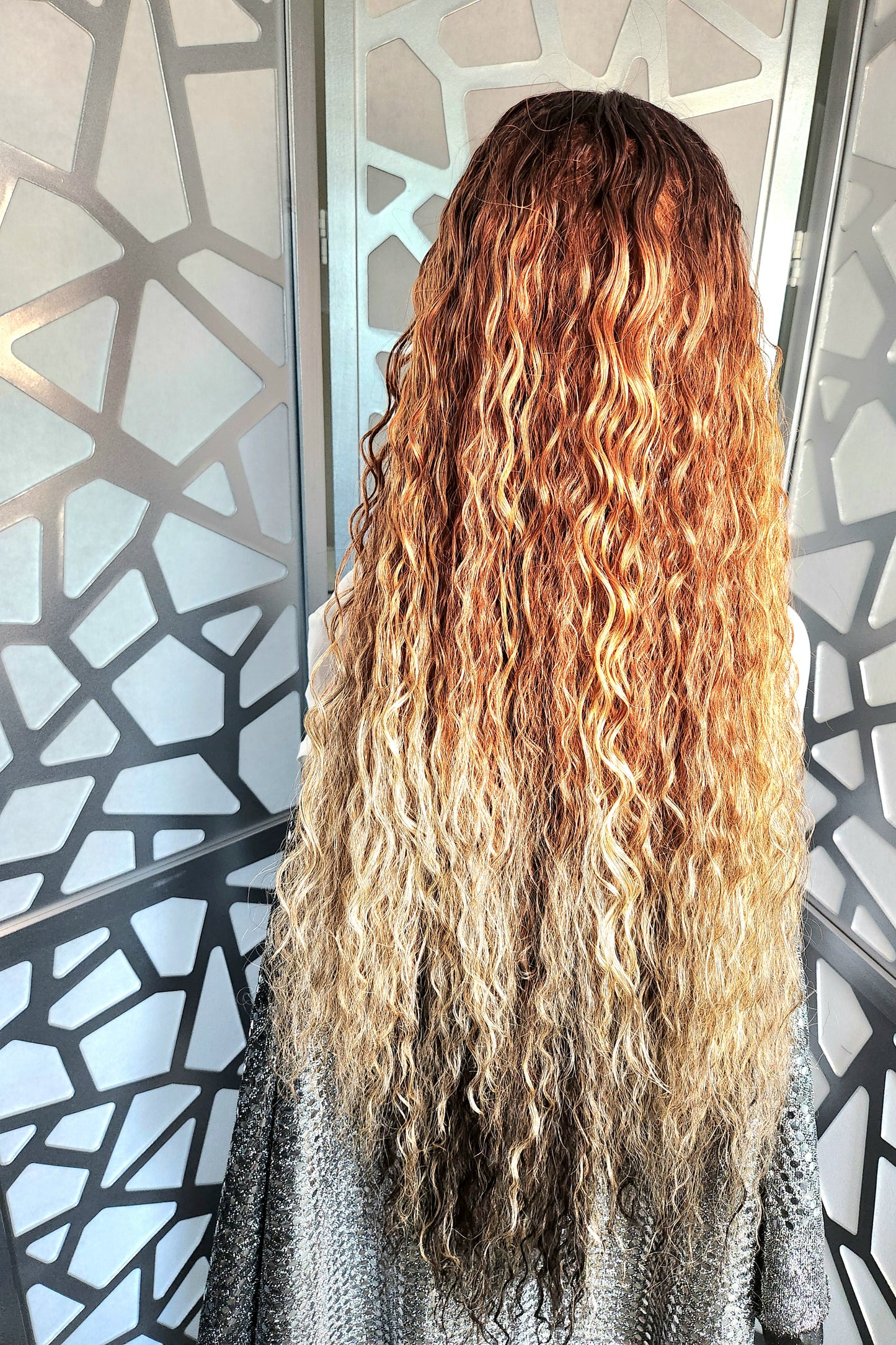 34" Long Curly Wig Reddish Blonde Wig Lace Front Wig Human Hair Wig Ombre Highlights Blonde Red