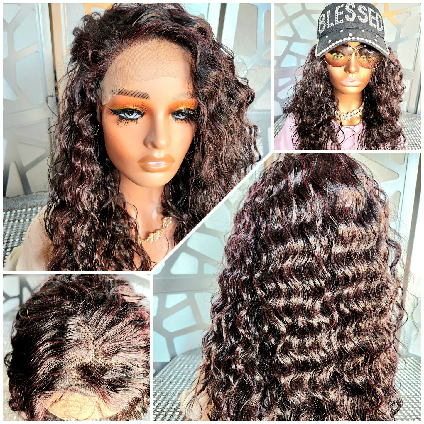 Black Curly Wig Free parting 13x4 Human Hair Blend balayage Highlights Auburn Glueless Heat Safe