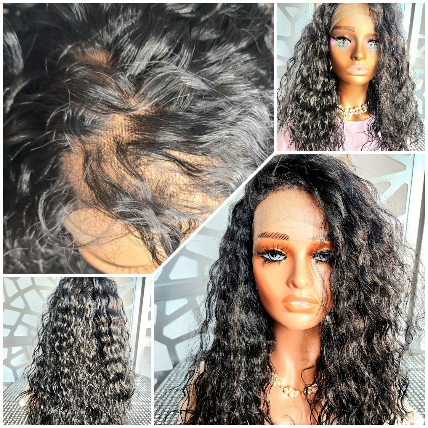 Black Curly Wig Free parting 13x4 Human Hair Blend balayage Highlights Auburn Glueless Heat Safe