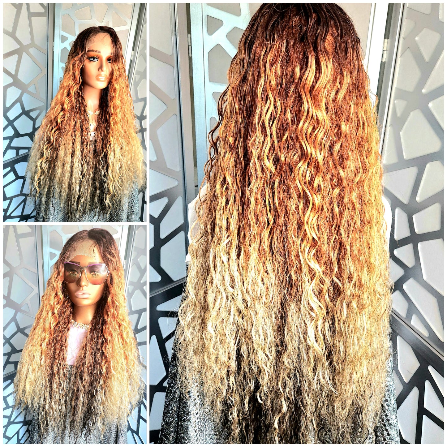 34" Long Curly Wig Reddish Blonde Wig Lace Front Wig Human Hair Wig Ombre Highlights Blonde Red