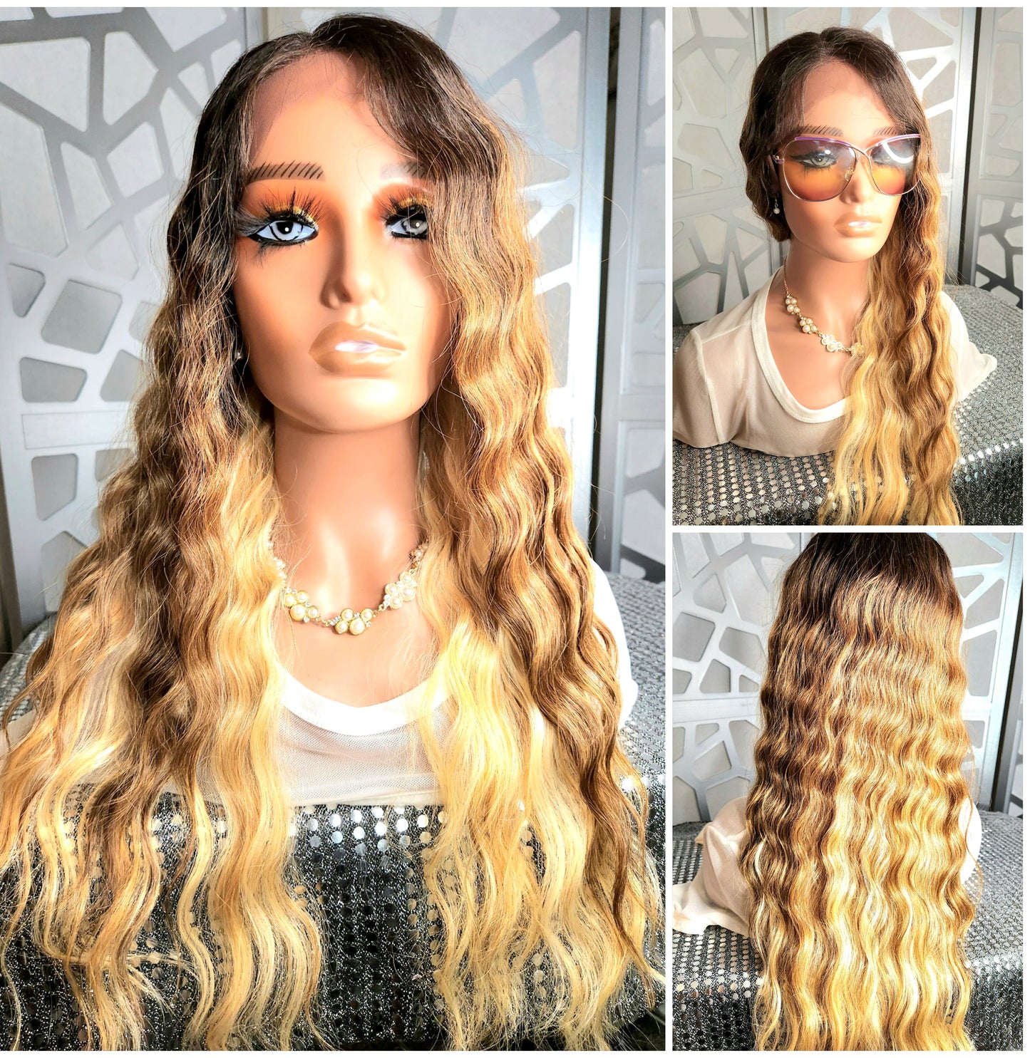 Wavy Blonde Wig Lace Front Wig Curly Blonde Wig Ombre Highlights Human Hair Blend Glueless Daily Wear Hair Loss Heat Safe