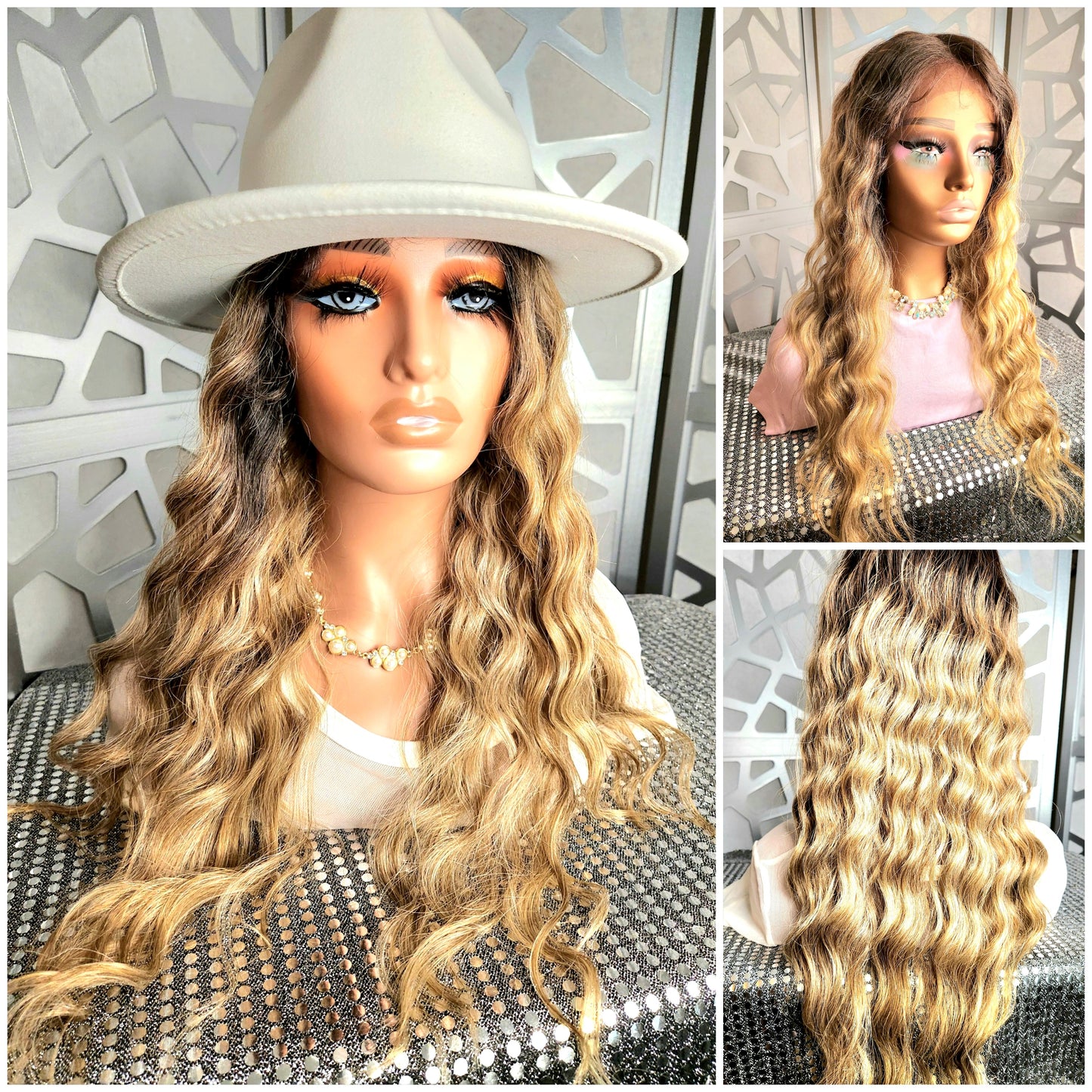 Wavy Blonde Wig Lace Front Wig Curly Blonde Wig Ombre Highlights Human Hair Blend Glueless Daily Wear Hair Loss Heat Safe