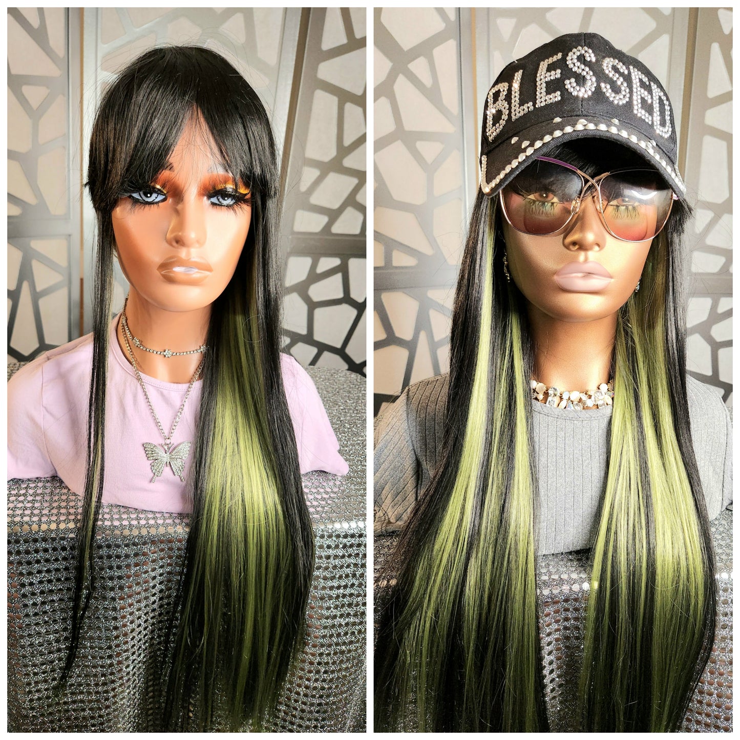 28"Blonde Long Wig with Bangs Straight Wig Ombre Rose Blonde Glueless Daily Wear Hair loss Long Bob Wig With Bangs Blonde Long Wig