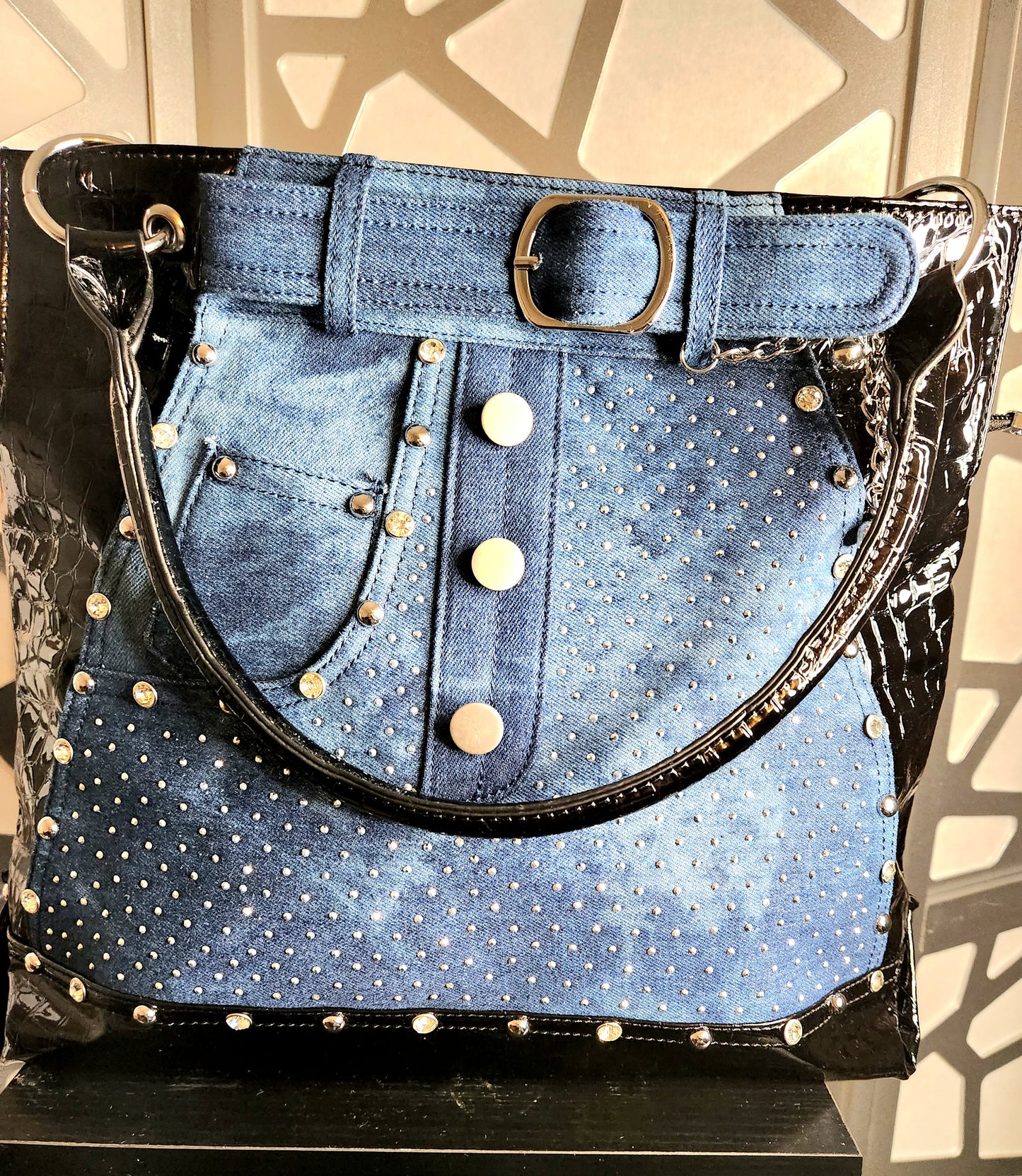 Demin Handbag Blue Jeans Bling Rhinestone Purse Black Patent Trim Tote