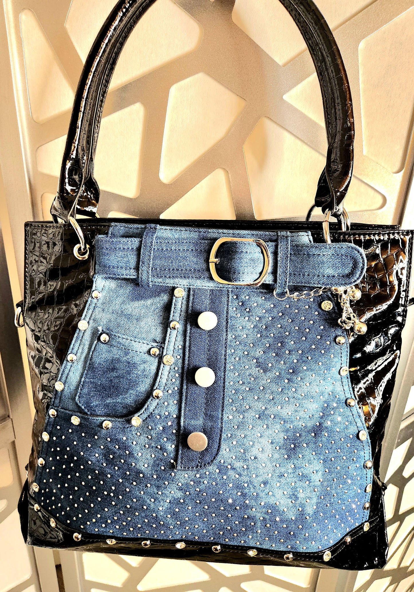 Demin Handbag Blue Jeans Bling Rhinestone Purse Black Patent Trim Tote