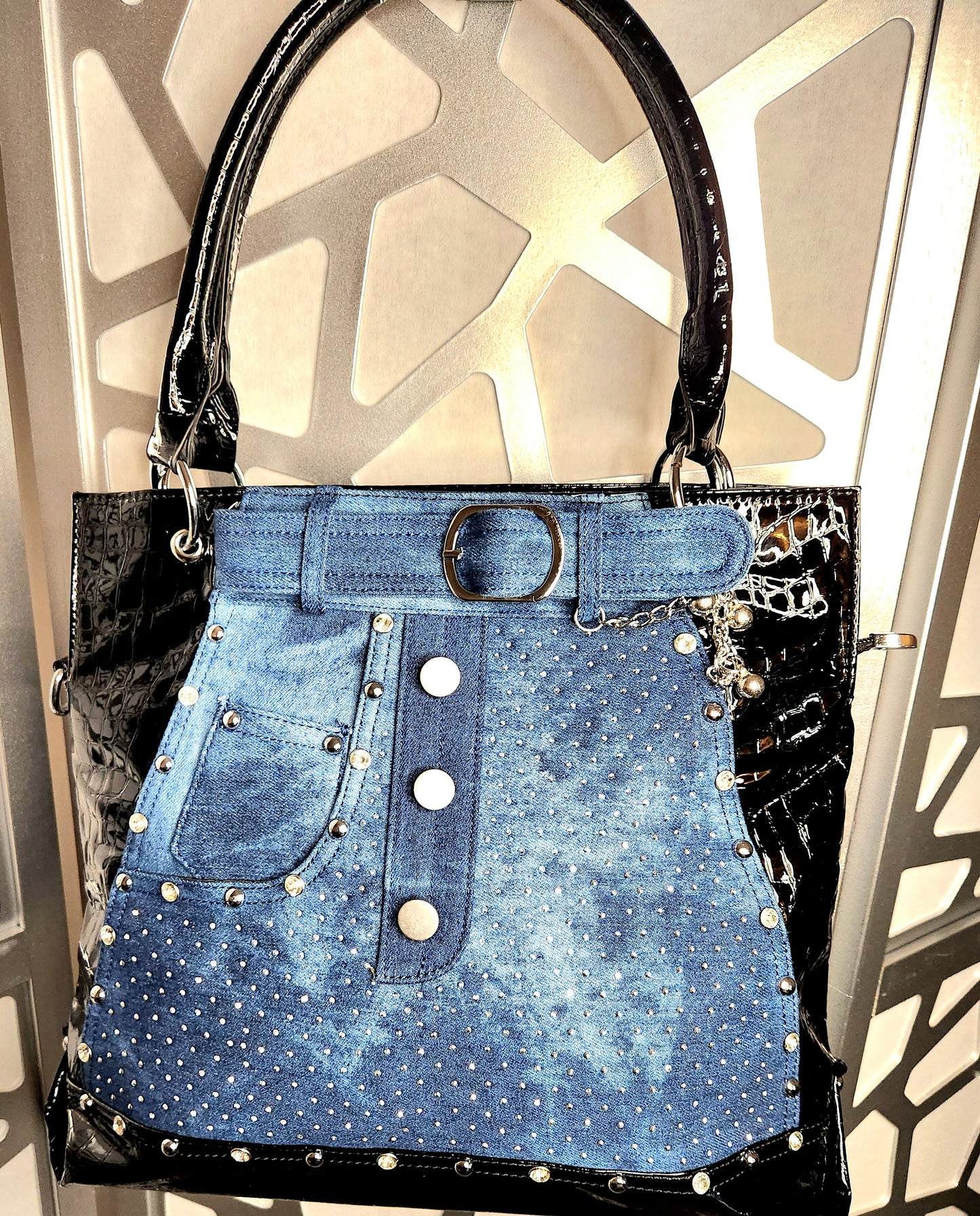 Demin Handbag Blue Jeans Bling Rhinestone Purse Black Patent Trim Tote