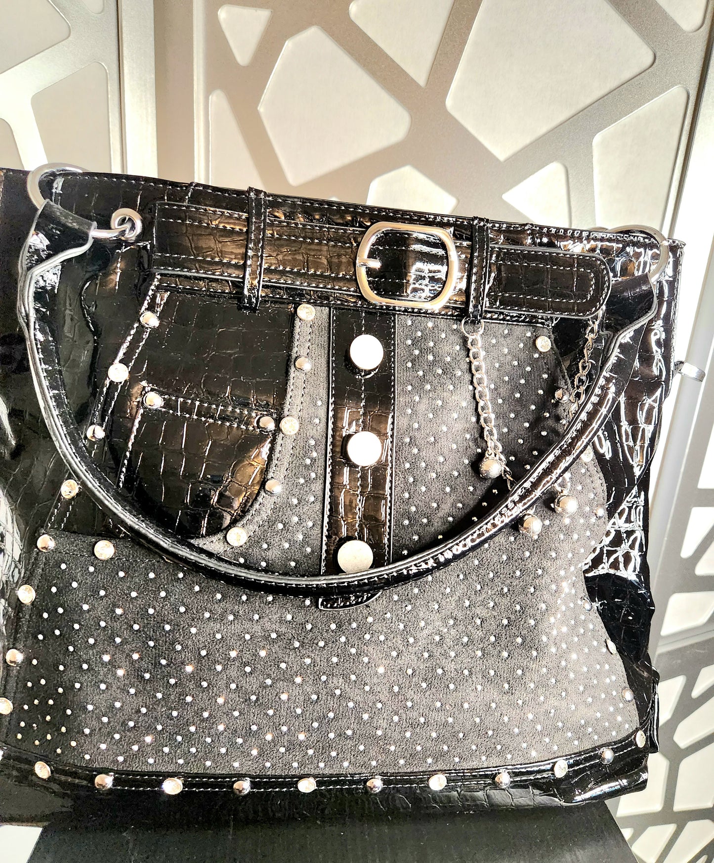 Demin Handbag Blue Jeans Bling Rhinestone Purse Black Patent Trim Tote