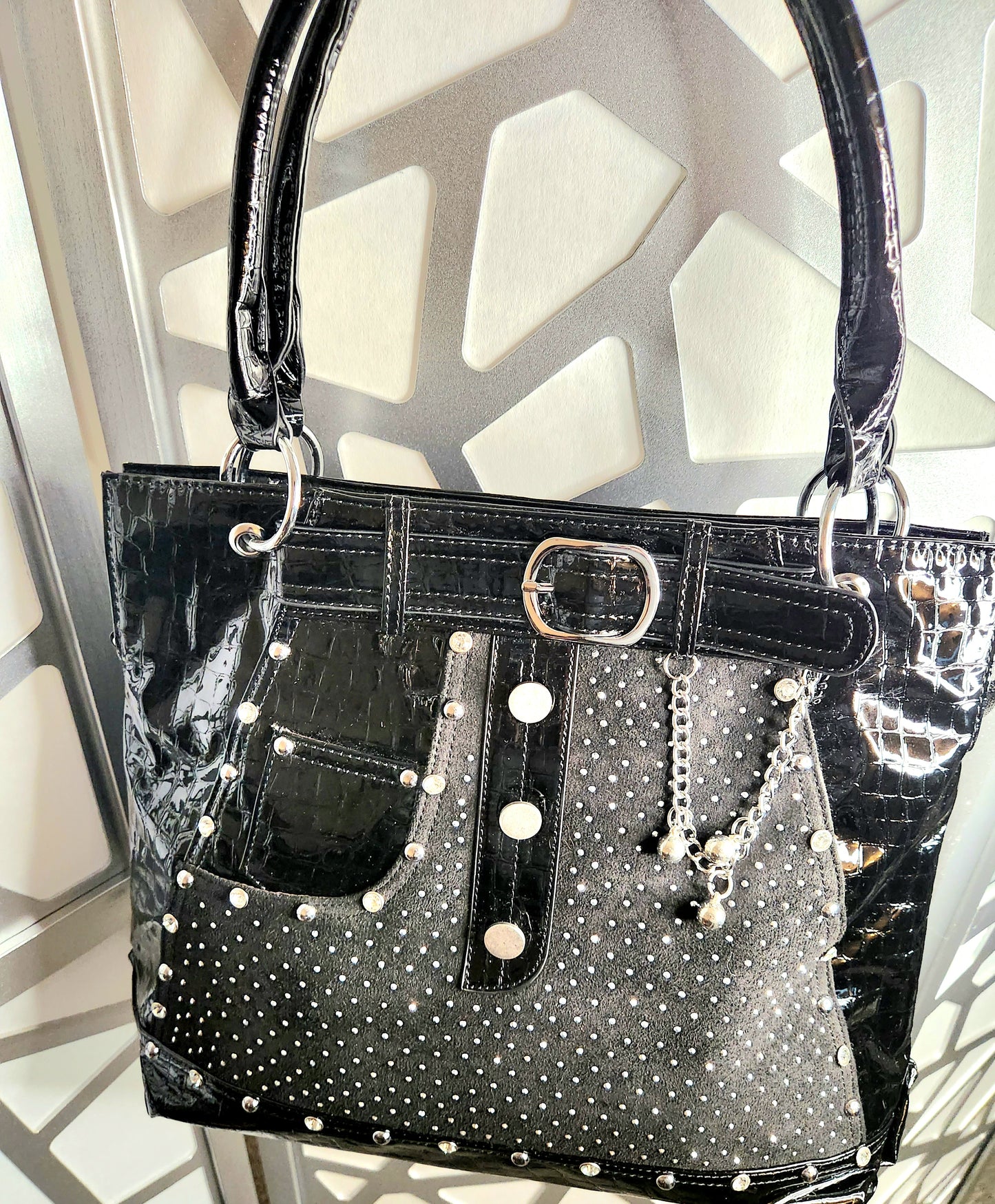 Demin Handbag Blue Jeans Bling Rhinestone Purse Black Patent Trim Tote