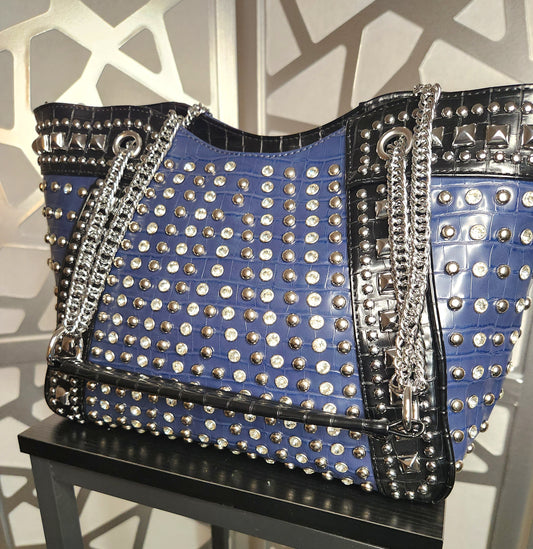 Blue Handbag Rhinestone Studded Navy Blue Purse Diamond Crystal Tote Bag