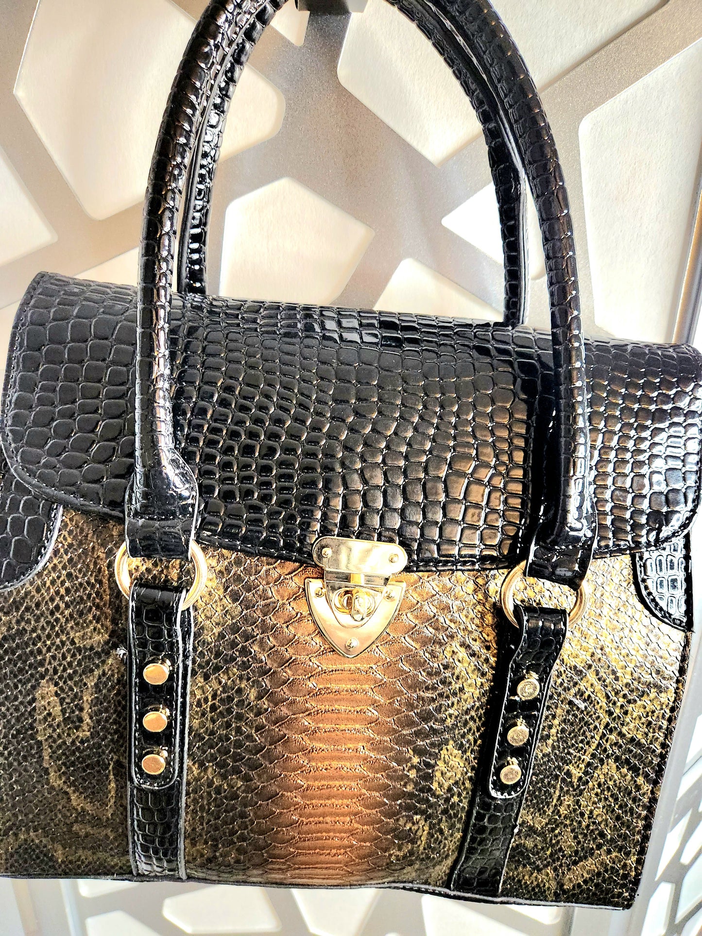 Black Gold Handbag Handbag 2pc (Alligator?)  Purse Black & Bronze Evening Bag Coin Purse Gold Trim Bling