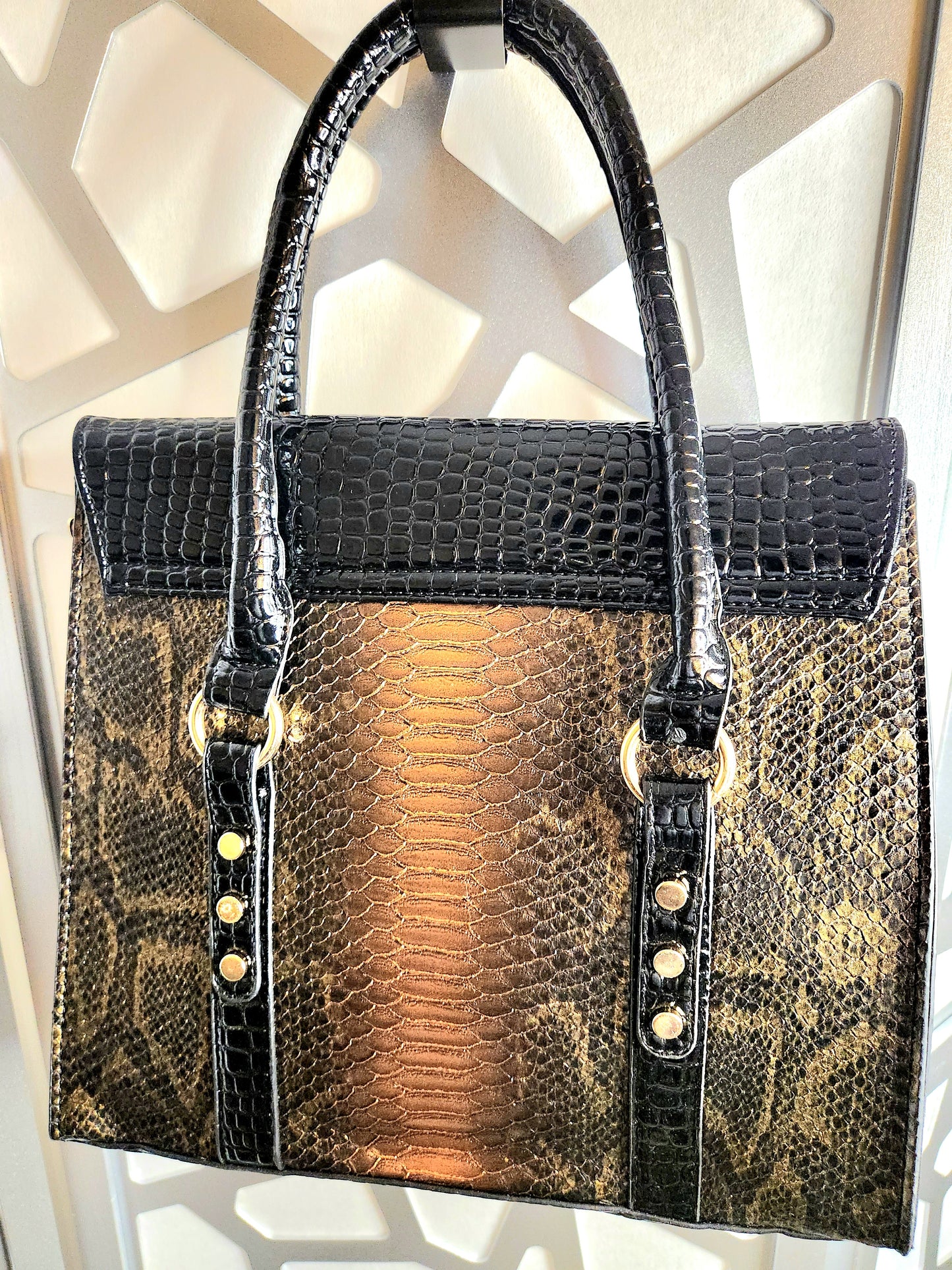 Black Gold Handbag Handbag 2pc (Alligator?)  Purse Black & Bronze Evening Bag Coin Purse Gold Trim Bling