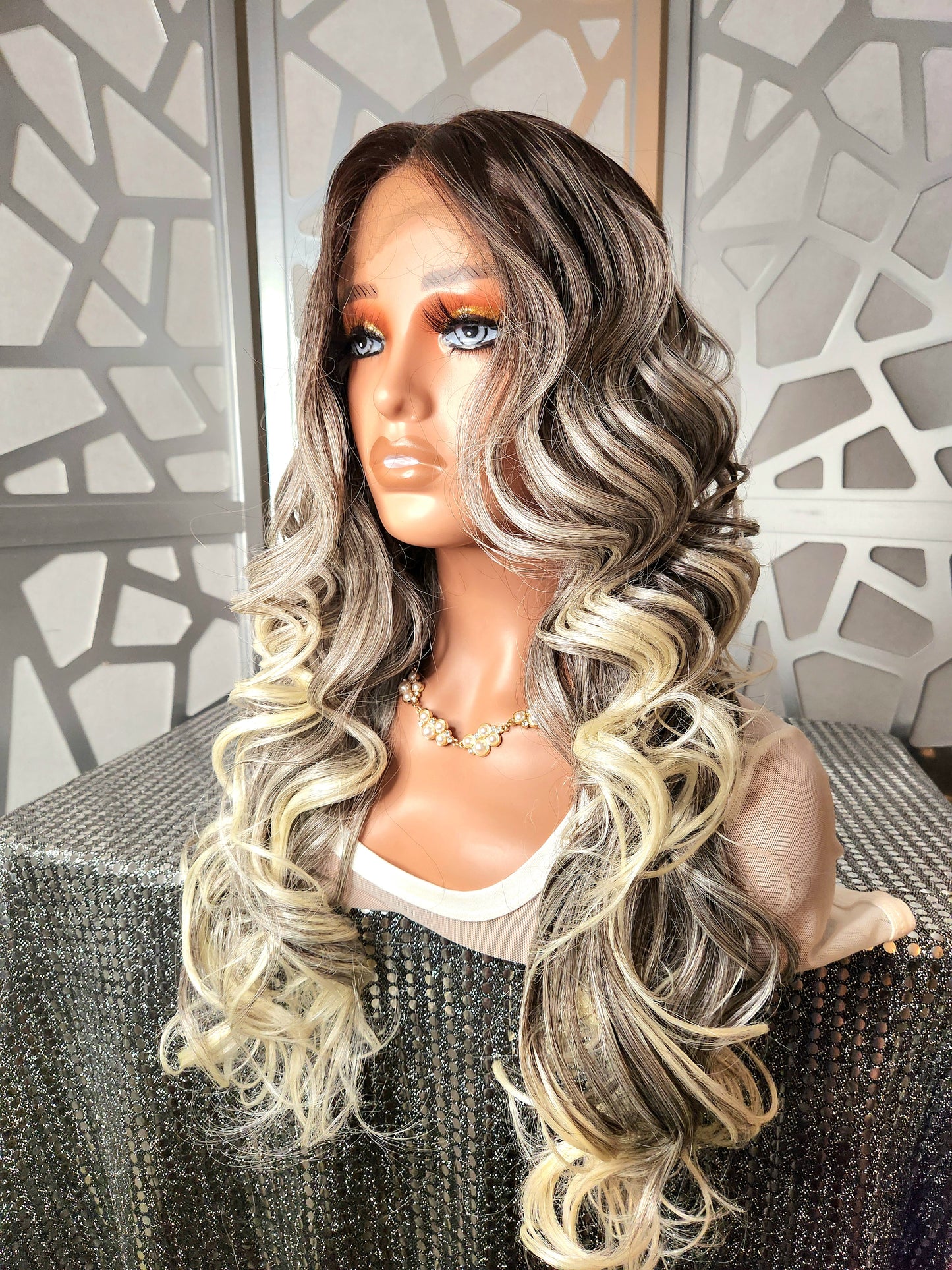 Long Curly Wig Platinum Blonde Wig Lace Front Wig Human Hair Blend Ombre White Blonde Wig Daily wear Hair Loss  Heat Safe