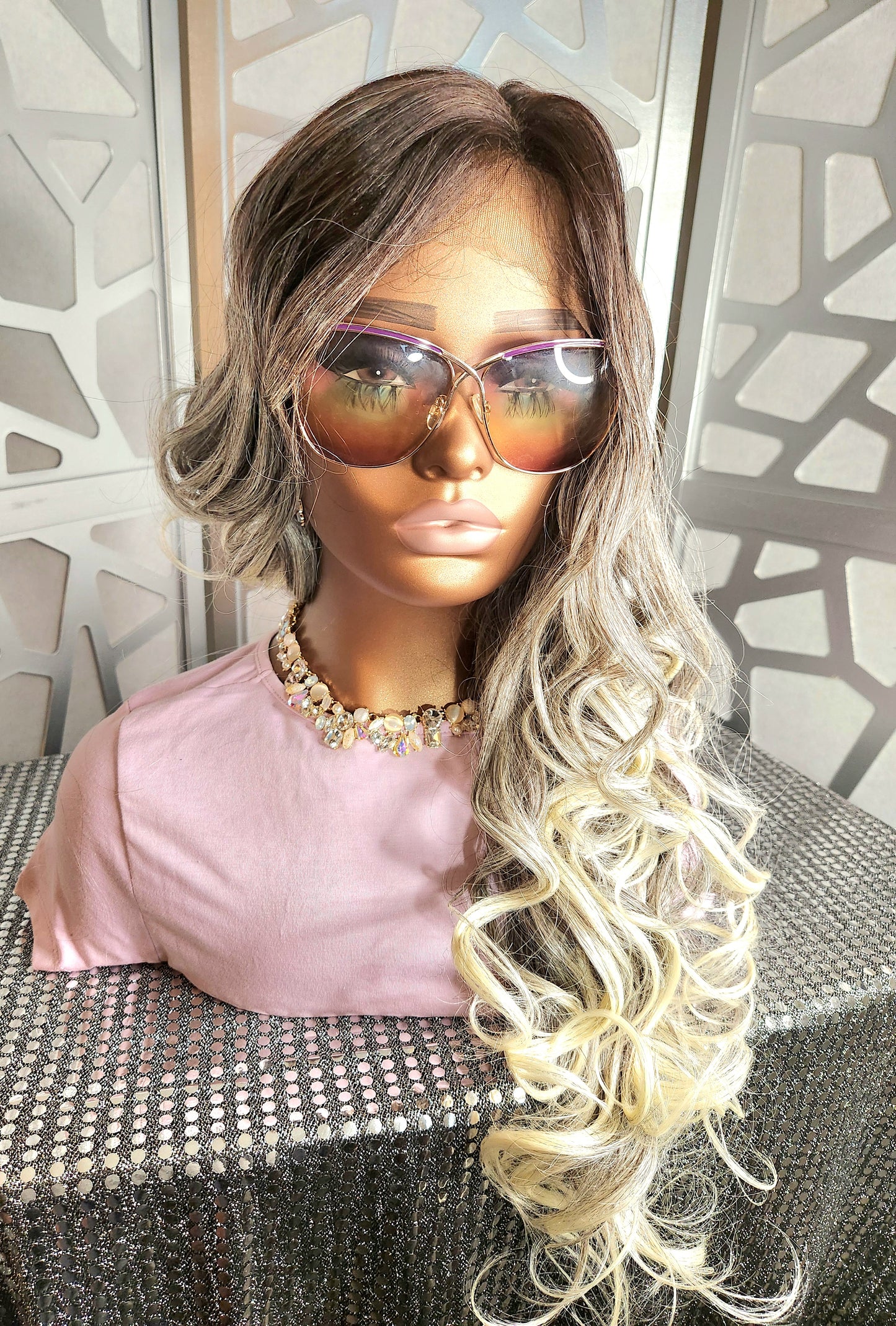 Long Curly Wig Platinum Blonde Wig Lace Front Wig Human Hair Blend Ombre White Blonde Wig Daily wear Hair Loss  Heat Safe