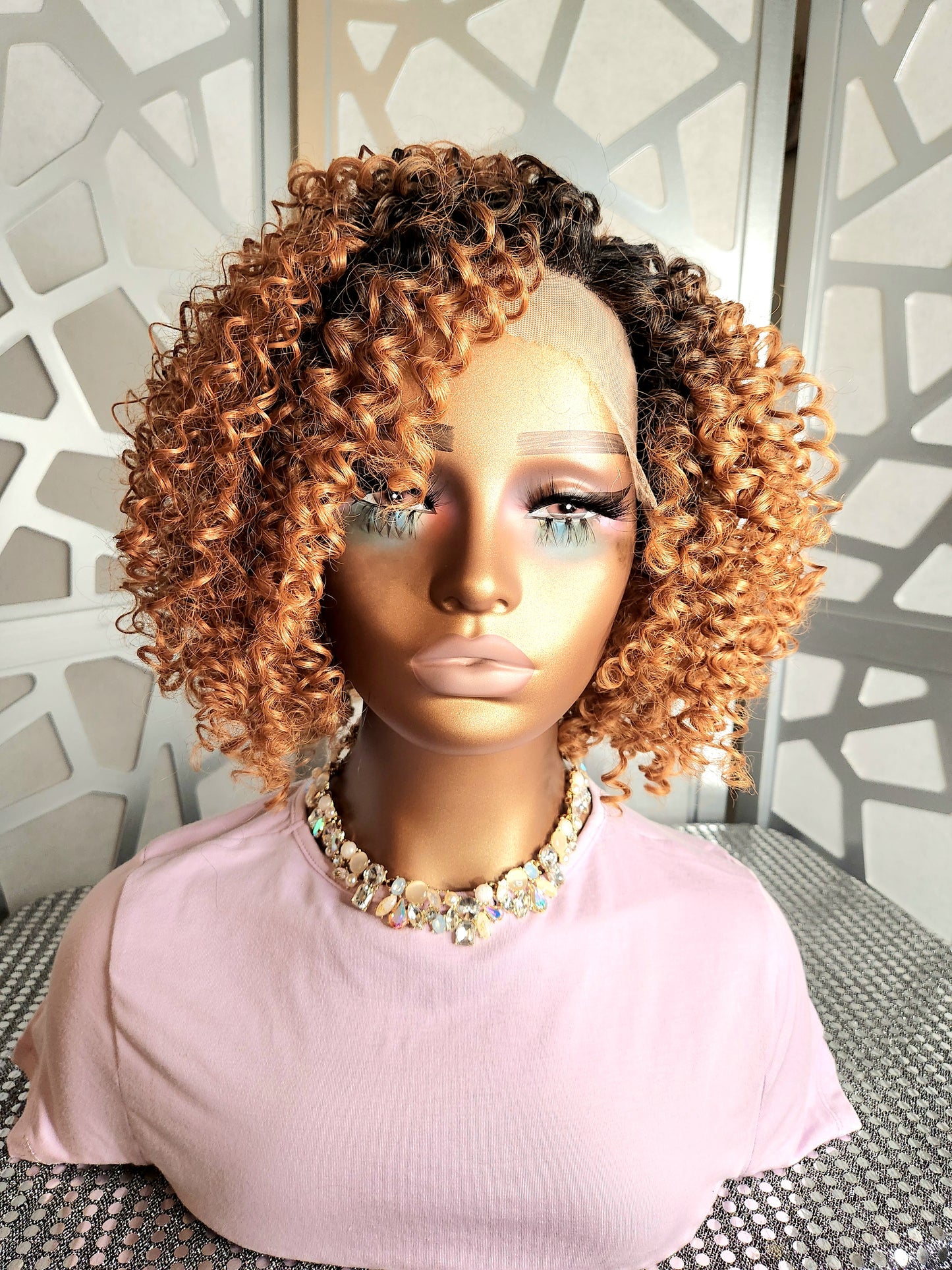 Short Curly Tight Wig Ombre Ginger Wig Lace Front Wig Human Hair Blend Glueless Wig Daily Wear Hair loss Heat Safe