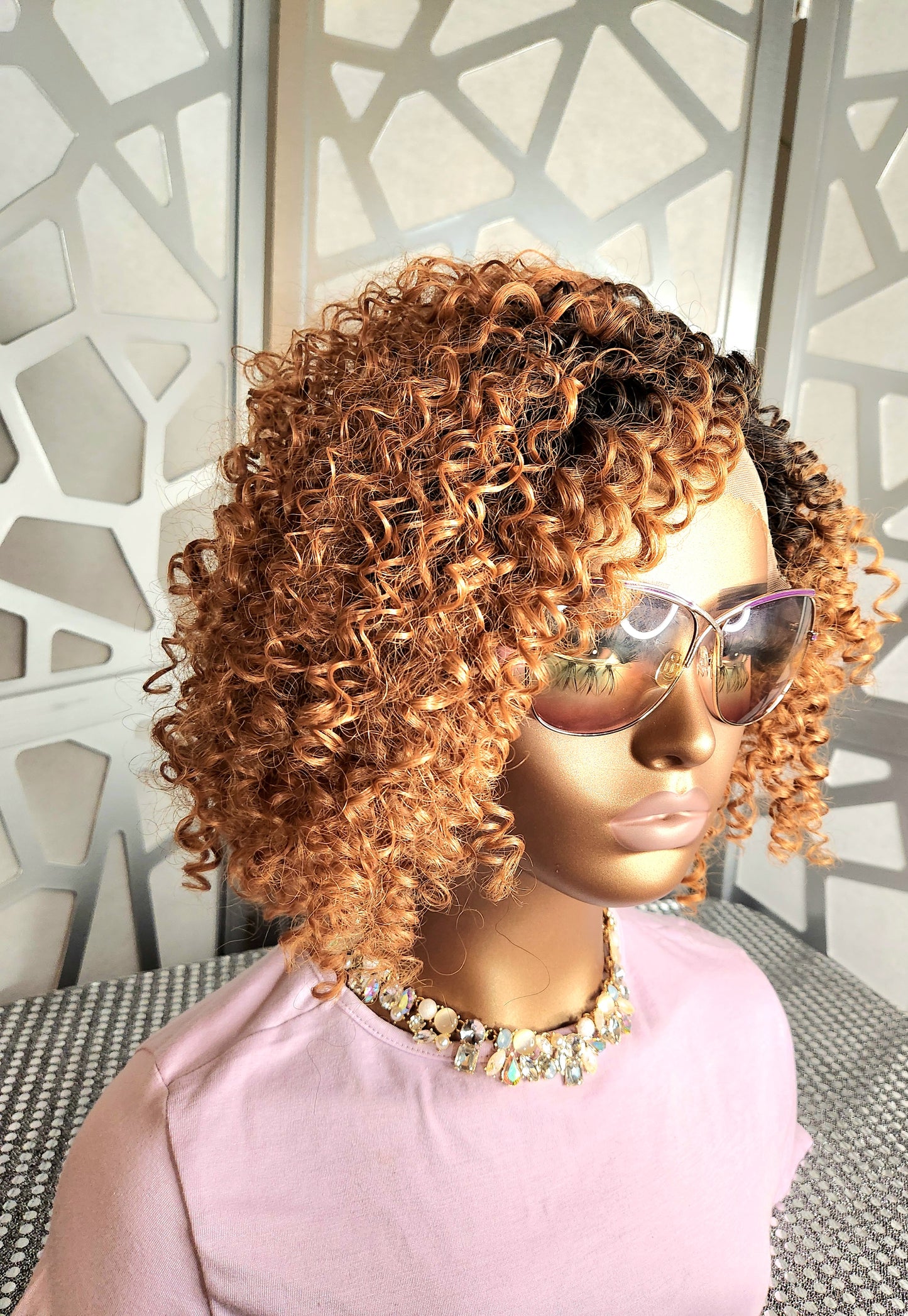 Short Curly Tight Wig Ombre Ginger Wig Lace Front Wig Human Hair Blend Glueless Wig Daily Wear Hair loss Heat Safe