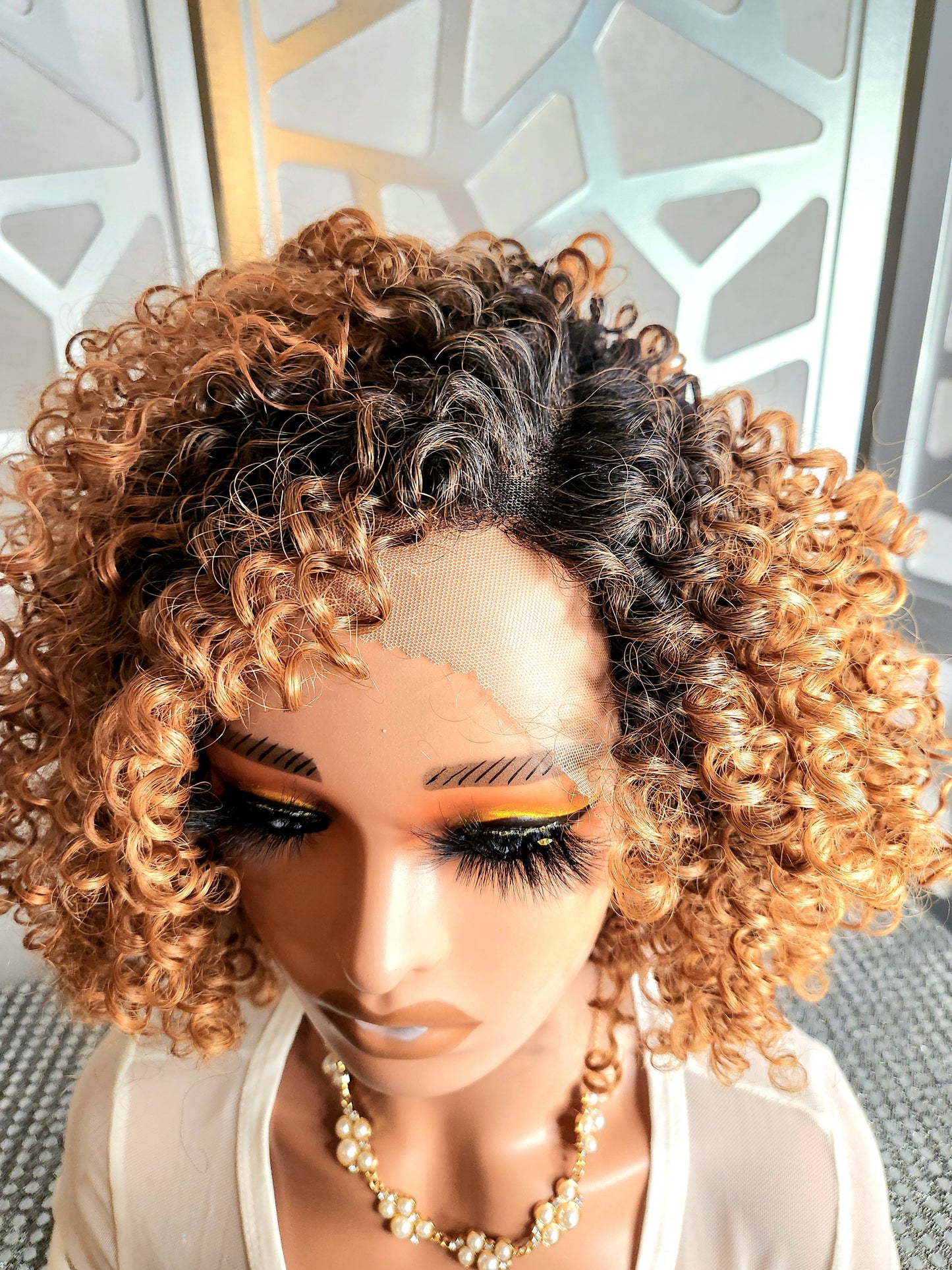 Short Curly Tight Wig Ombre Ginger Wig Lace Front Wig Human Hair Blend Glueless Wig Daily Wear Hair loss Heat Safe