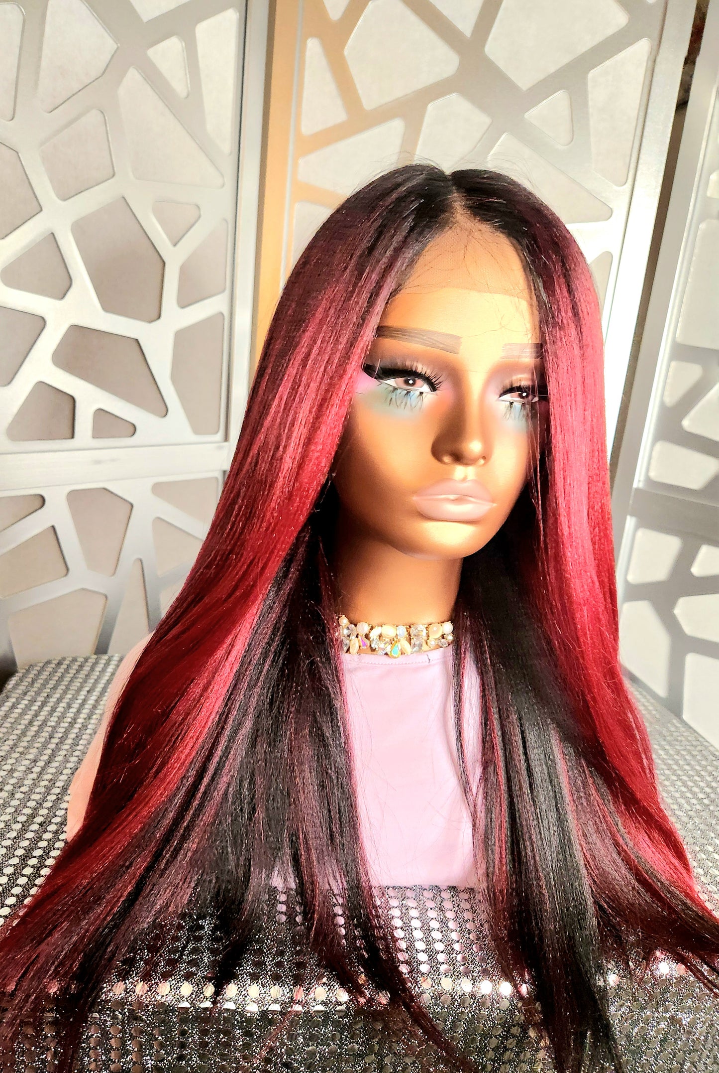 Kinky Straight Lace Front Wig Relaxed Yaki Straight Wig Black Highlights Burgundy Glueless Alopecia Heat