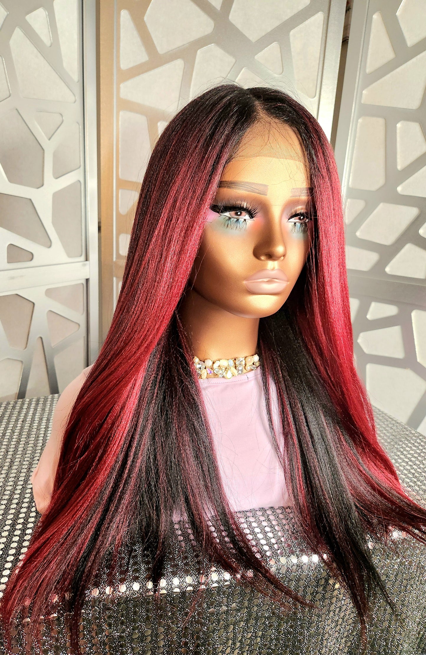 Kinky Straight Lace Front Wig Relaxed Yaki Straight Wig Black Highlights Burgundy Glueless Alopecia Heat