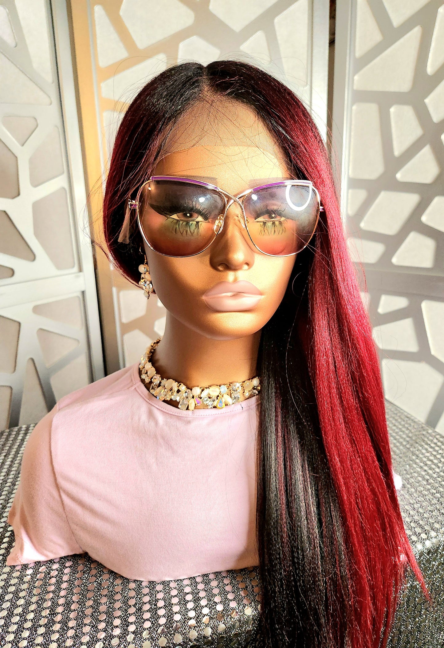 Kinky Straight Lace Front Wig Relaxed Yaki Straight Wig Black Highlights Burgundy Glueless Alopecia Heat