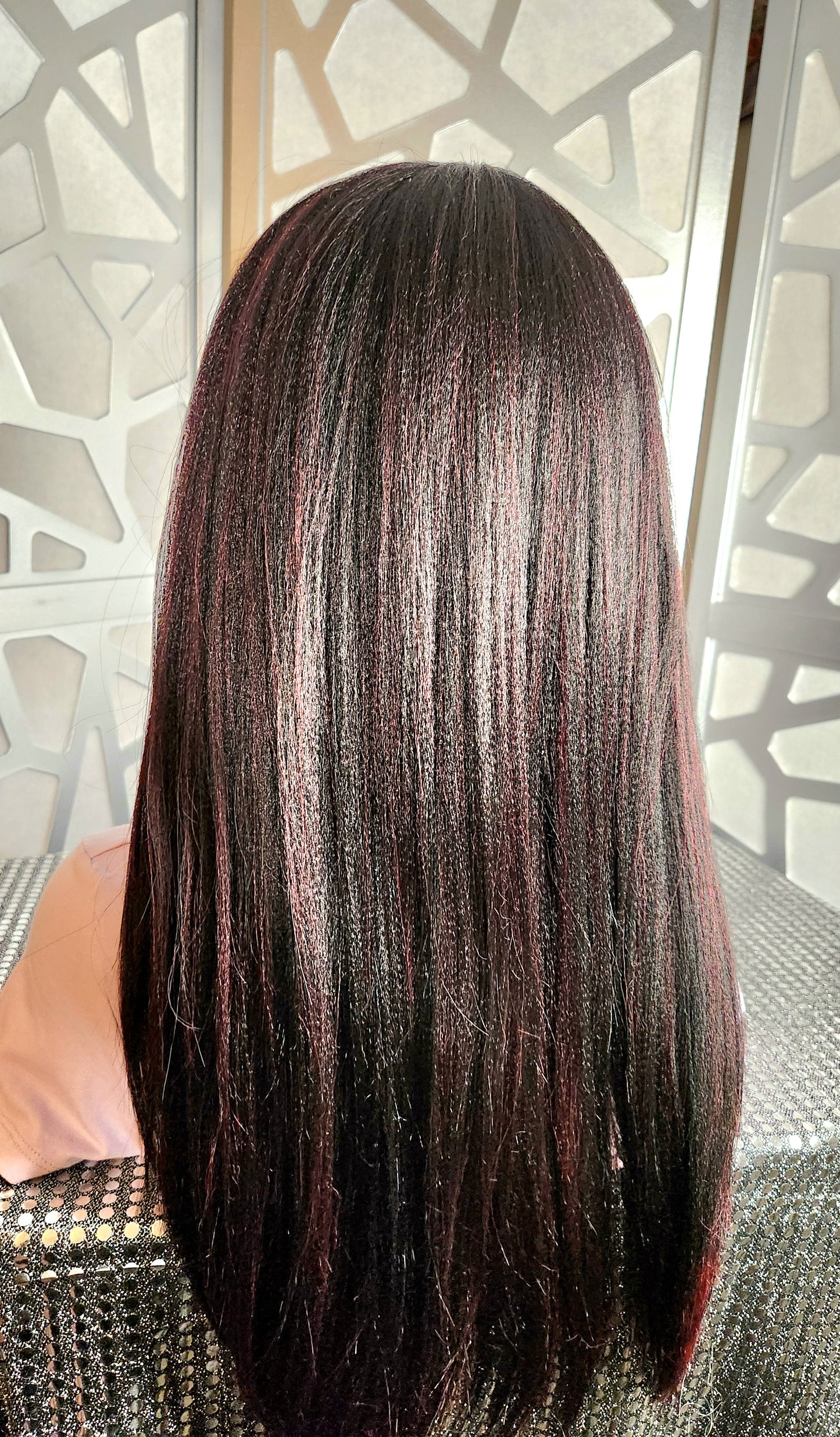 Kinky Straight Lace Front Wig Relaxed Yaki Straight Wig Black Highlights Burgundy Glueless Alopecia Heat