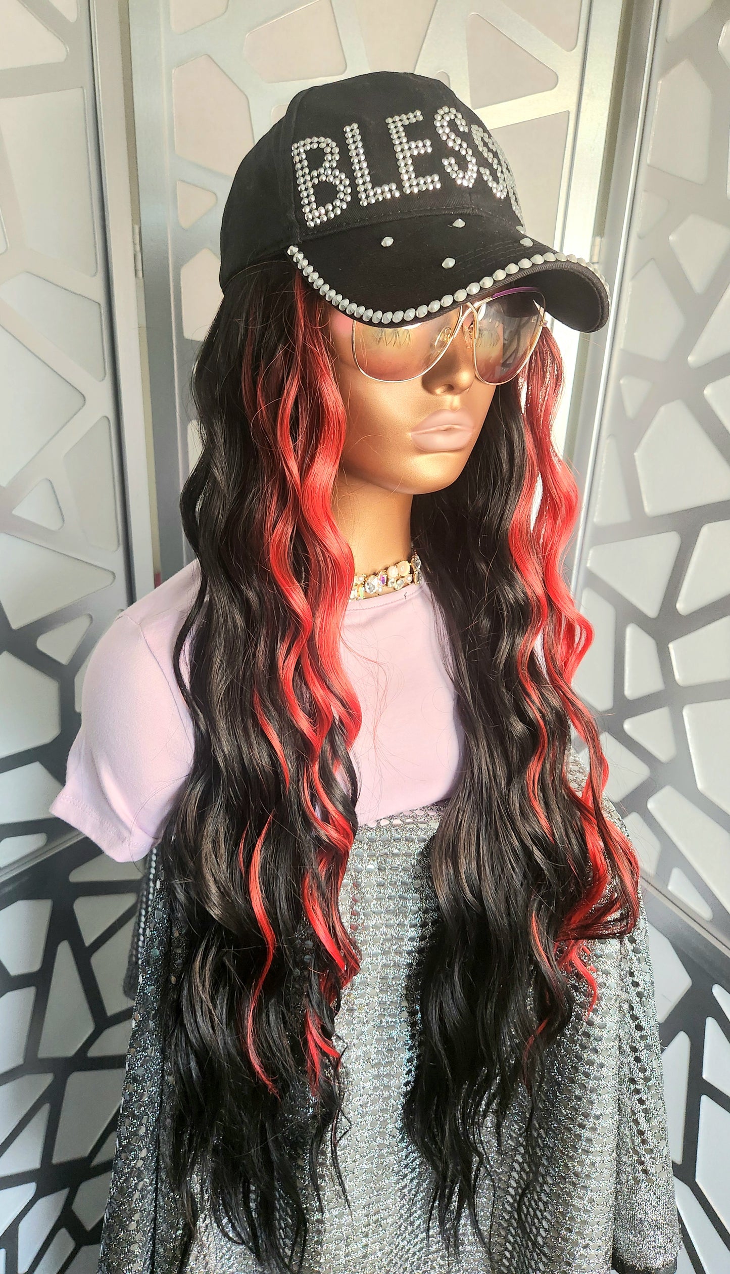 34" Black Long Curly Wig Balayage Highlights Red Human Hair Blend Glueless Wig Hair Loss Daily Wear Heat Safe