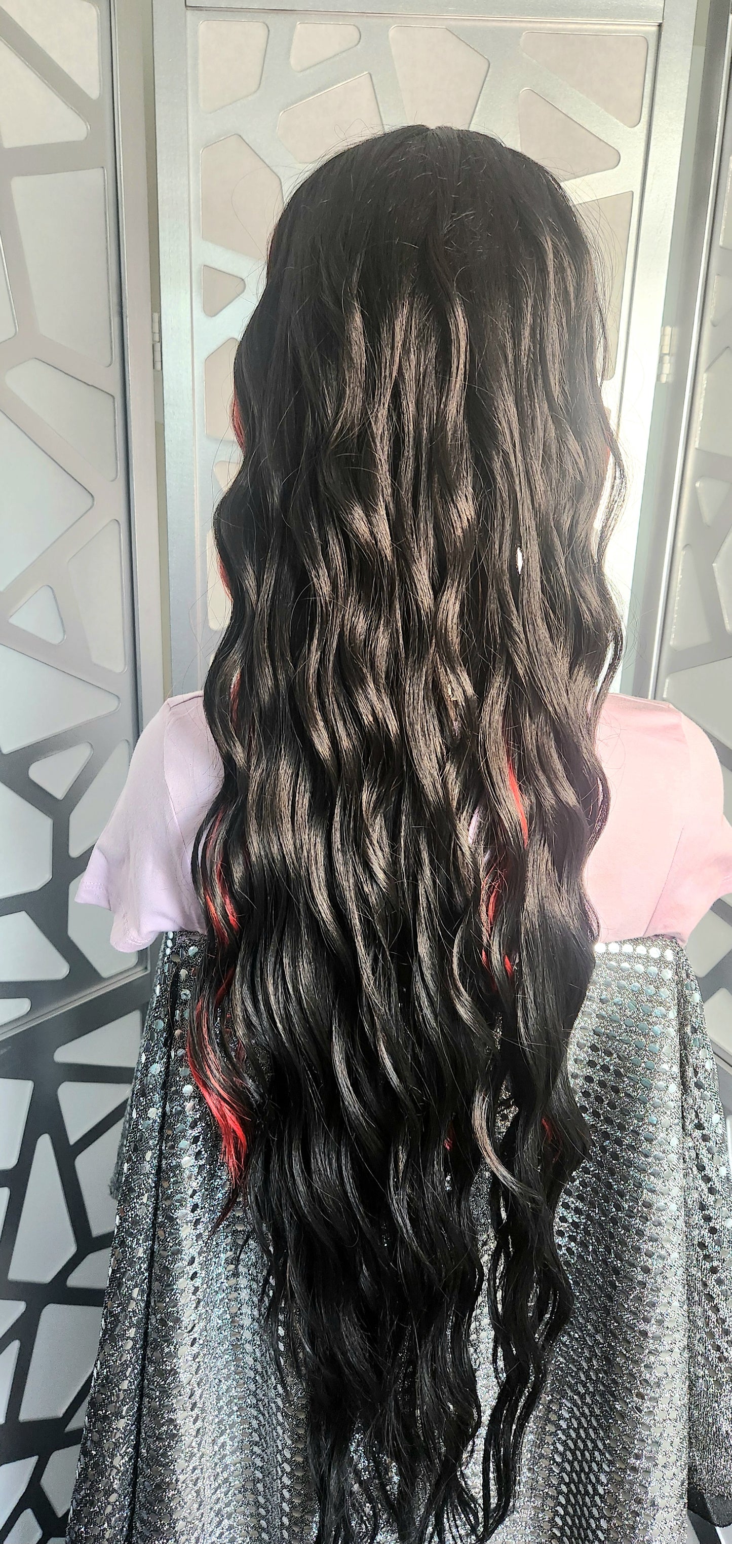 34" Black Long Curly Wig Balayage Highlights Red Human Hair Blend Glueless Wig Hair Loss Daily Wear Heat Safe