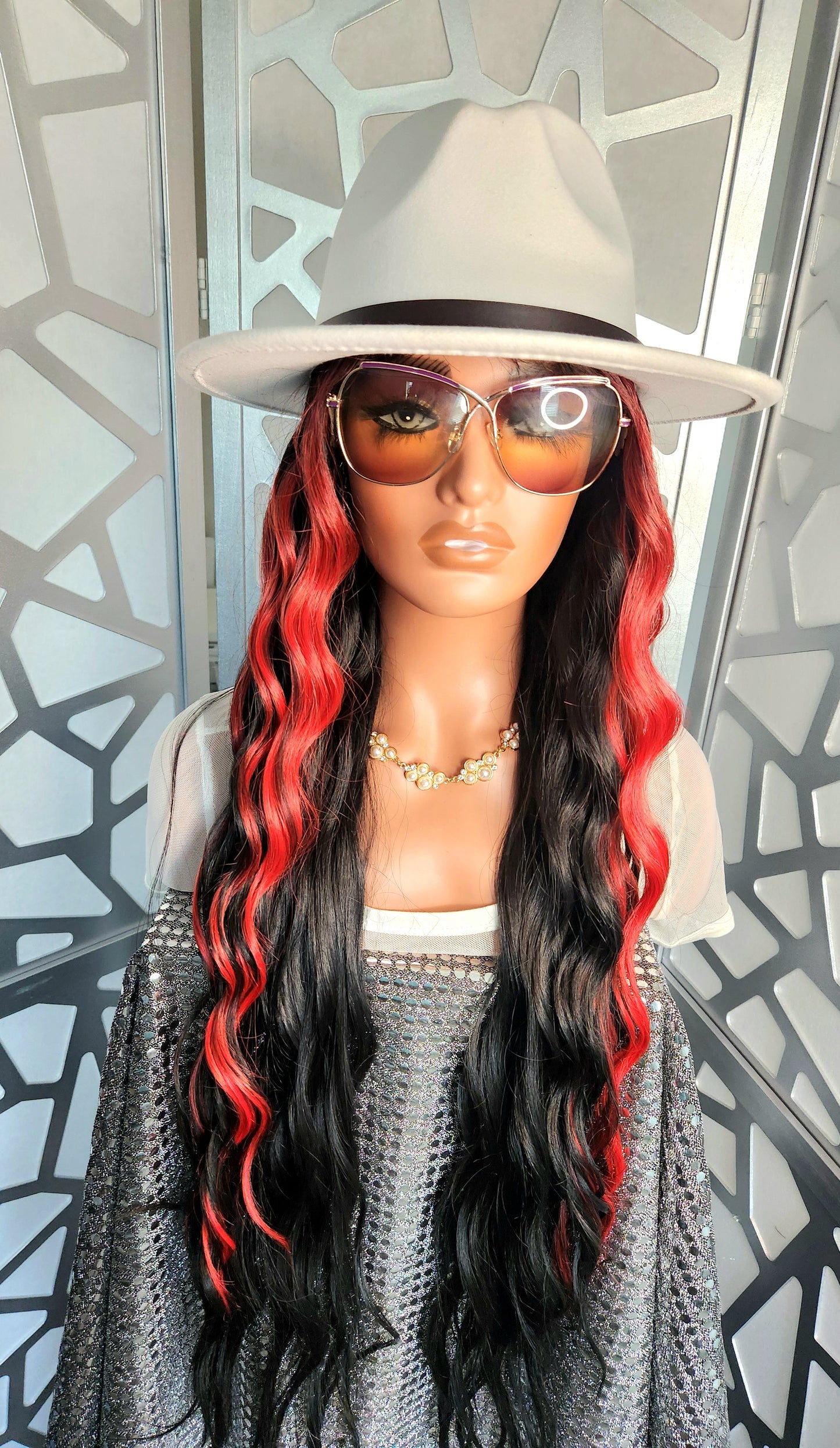 34" Black Long Curly Wig Balayage Highlights Red Human Hair Blend Glueless Wig Hair Loss Daily Wear Heat Safe