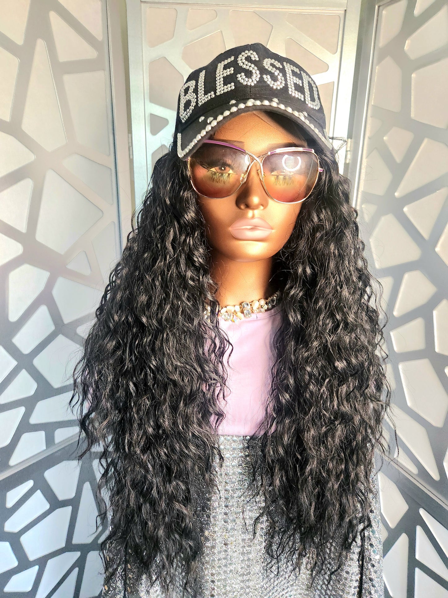 24" Long Curly Black Wig Curly Lace Front Wig Wavy Black Wig Human Hair Blend  Glueless Wig Heat Safe Hair Loss Daily Wear