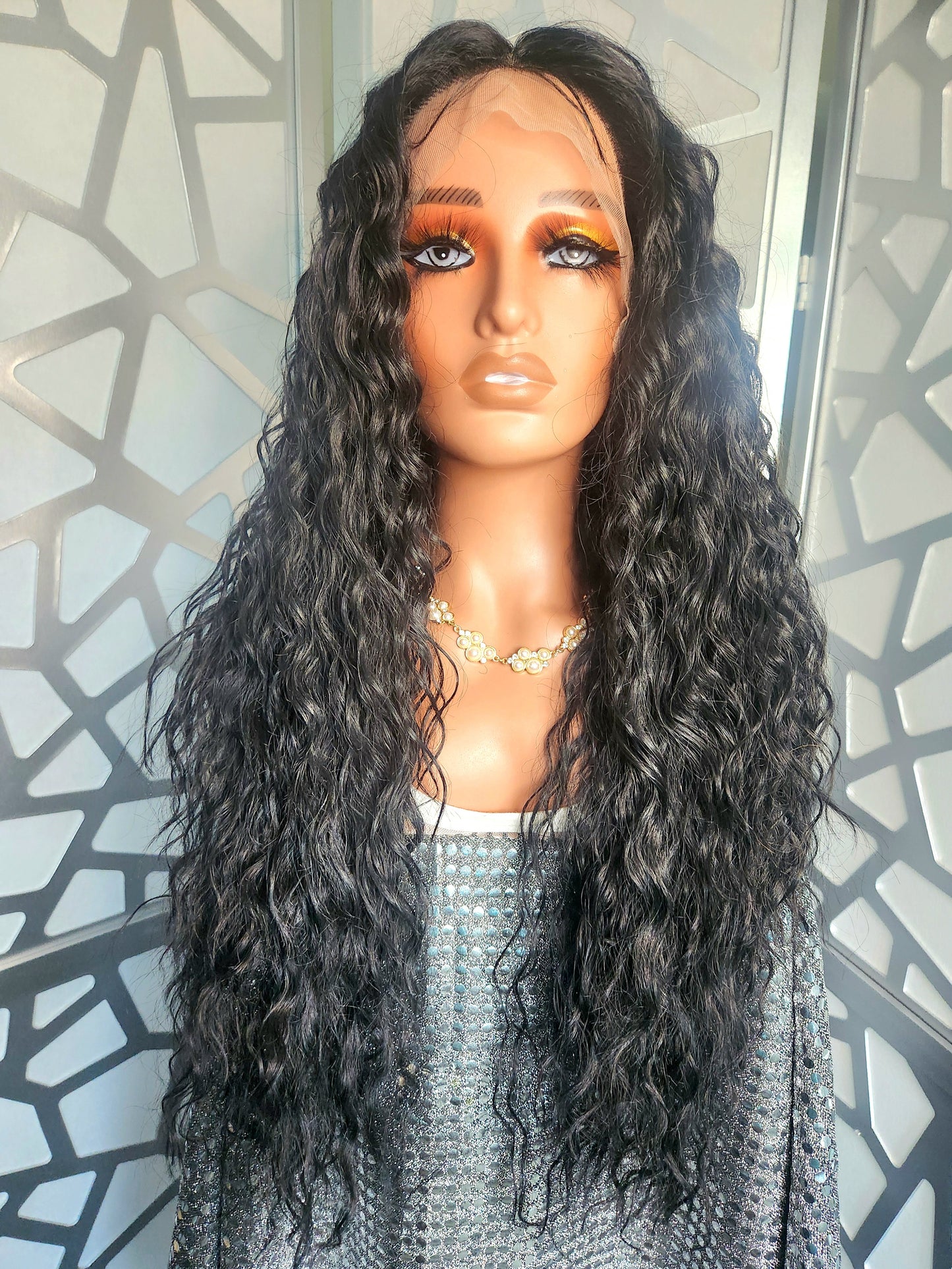 24" Long Curly Black Wig Curly Lace Front Wig Wavy Black Wig Human Hair Blend  Glueless Wig Heat Safe Hair Loss Daily Wear