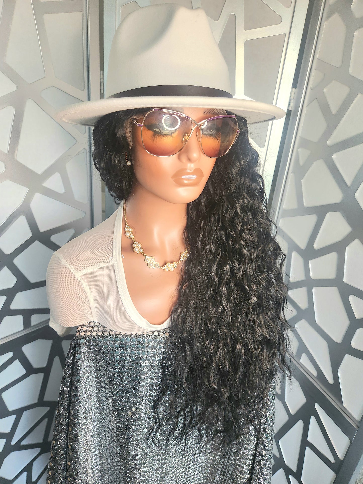 24" Long Curly Black Wig Curly Lace Front Wig Wavy Black Wig Human Hair Blend  Glueless Wig Heat Safe Hair Loss Daily Wear