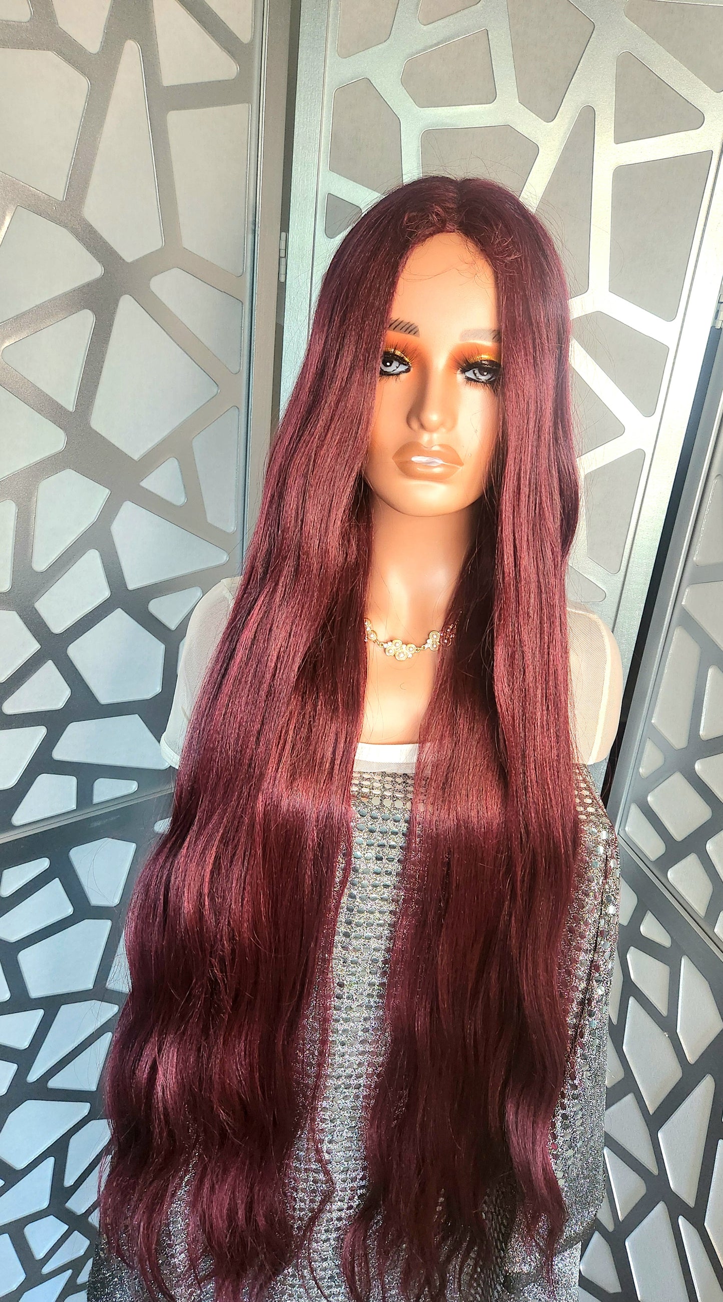 43" Extra Long Wig Loose Wave Burgundy Wig Lace Part Wig Human Hair Blend Glueless Wig Heat SAfe