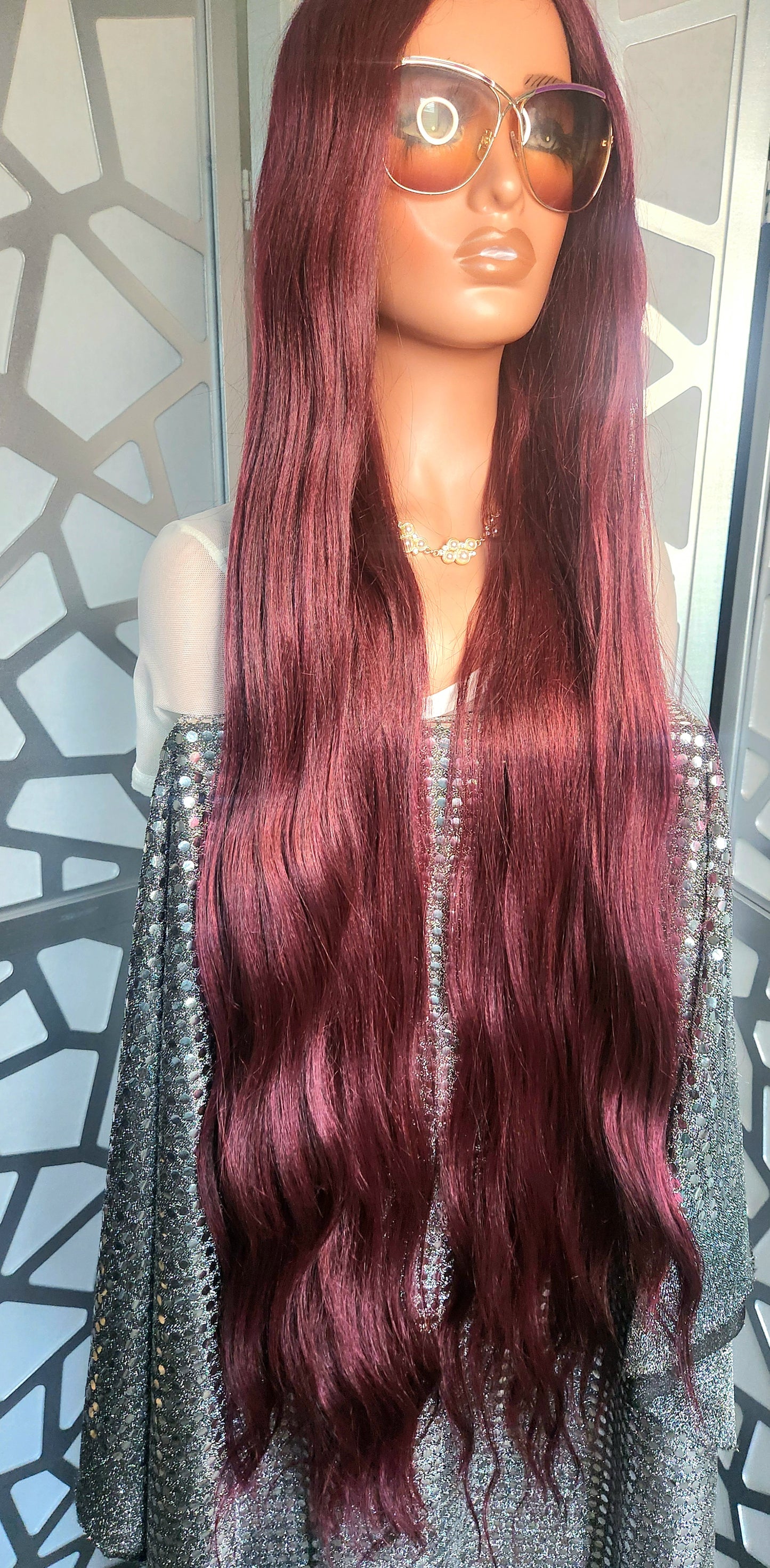 43" Extra Long Wig Loose Wave Burgundy Wig Lace Part Wig Human Hair Blend Glueless Wig Heat SAfe