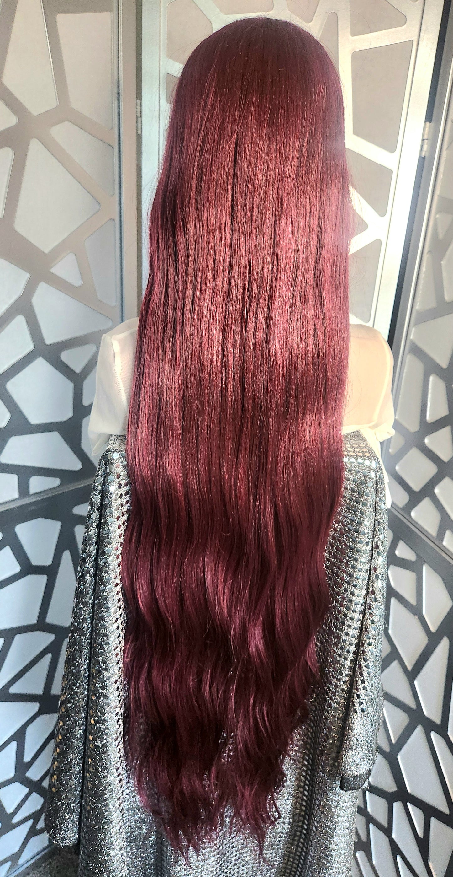 43" Extra Long Wig Loose Wave Burgundy Wig Lace Part Wig Human Hair Blend Glueless Wig Heat SAfe