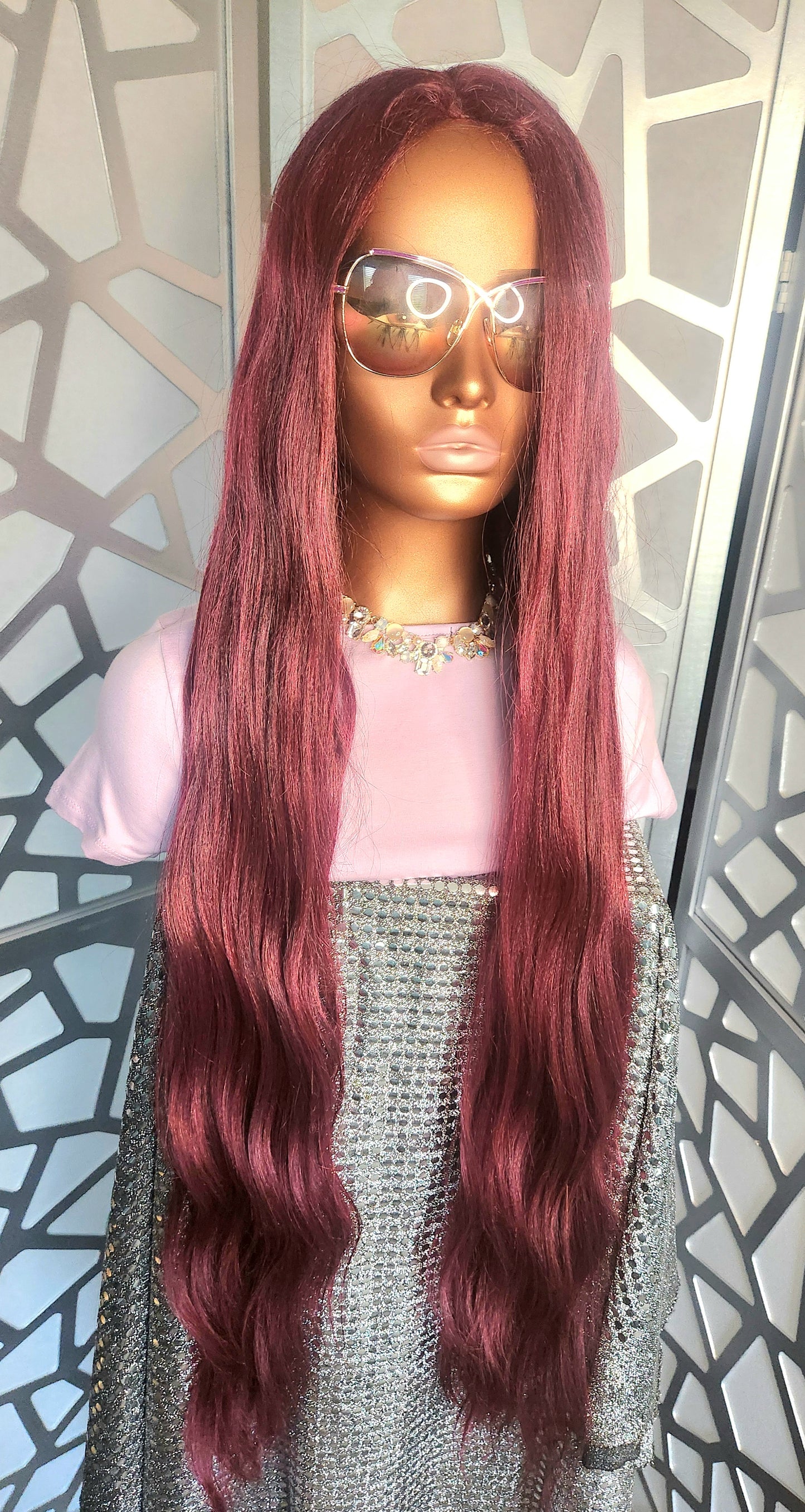 43" Extra Long Wig Loose Wave Burgundy Wig Lace Part Wig Human Hair Blend Glueless Wig Heat SAfe