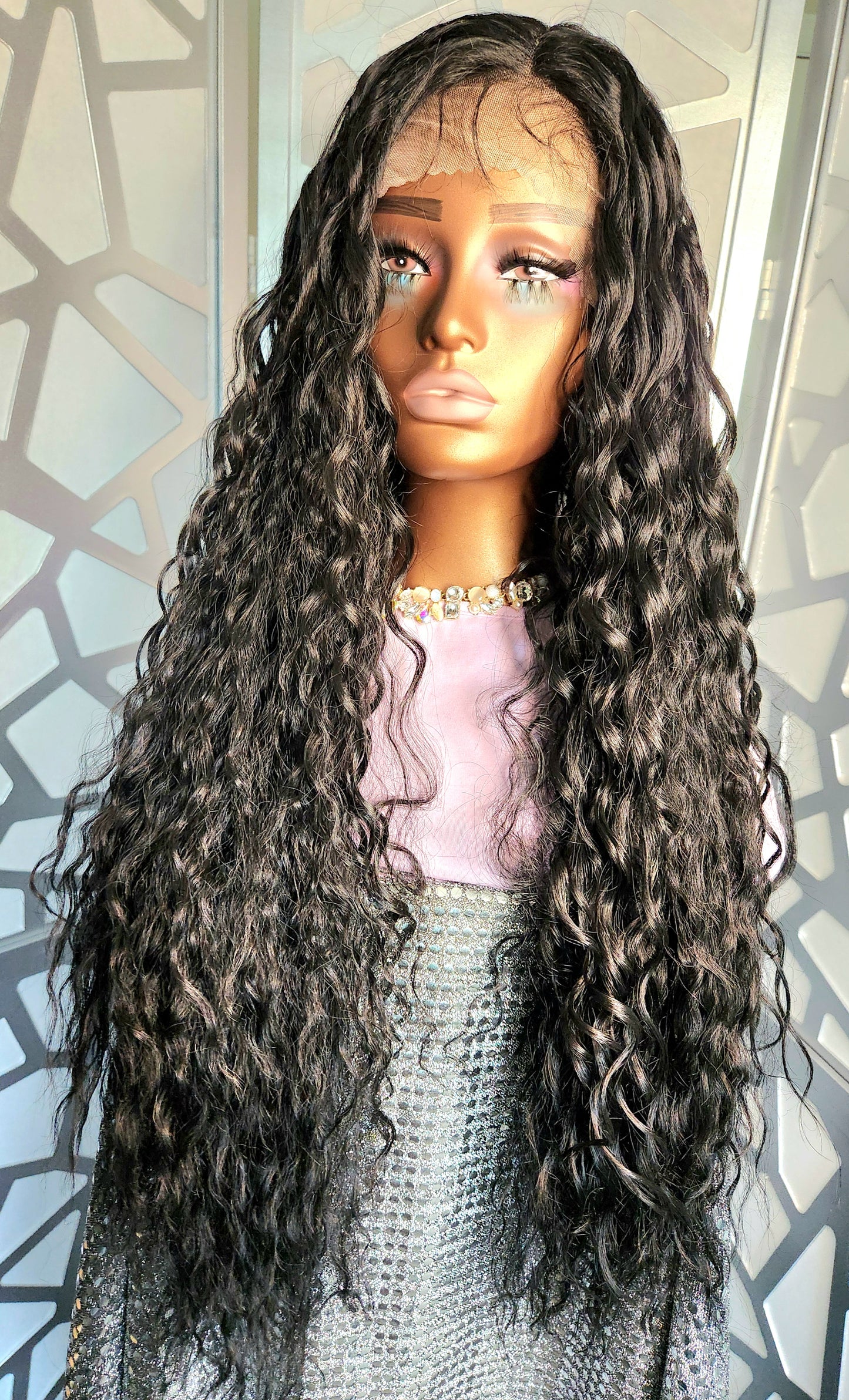 34" Long Curly Wig Black Lace Front Wig Wavy Extra Long Wig Human Hair Blend Glueless Wig Heat Safe