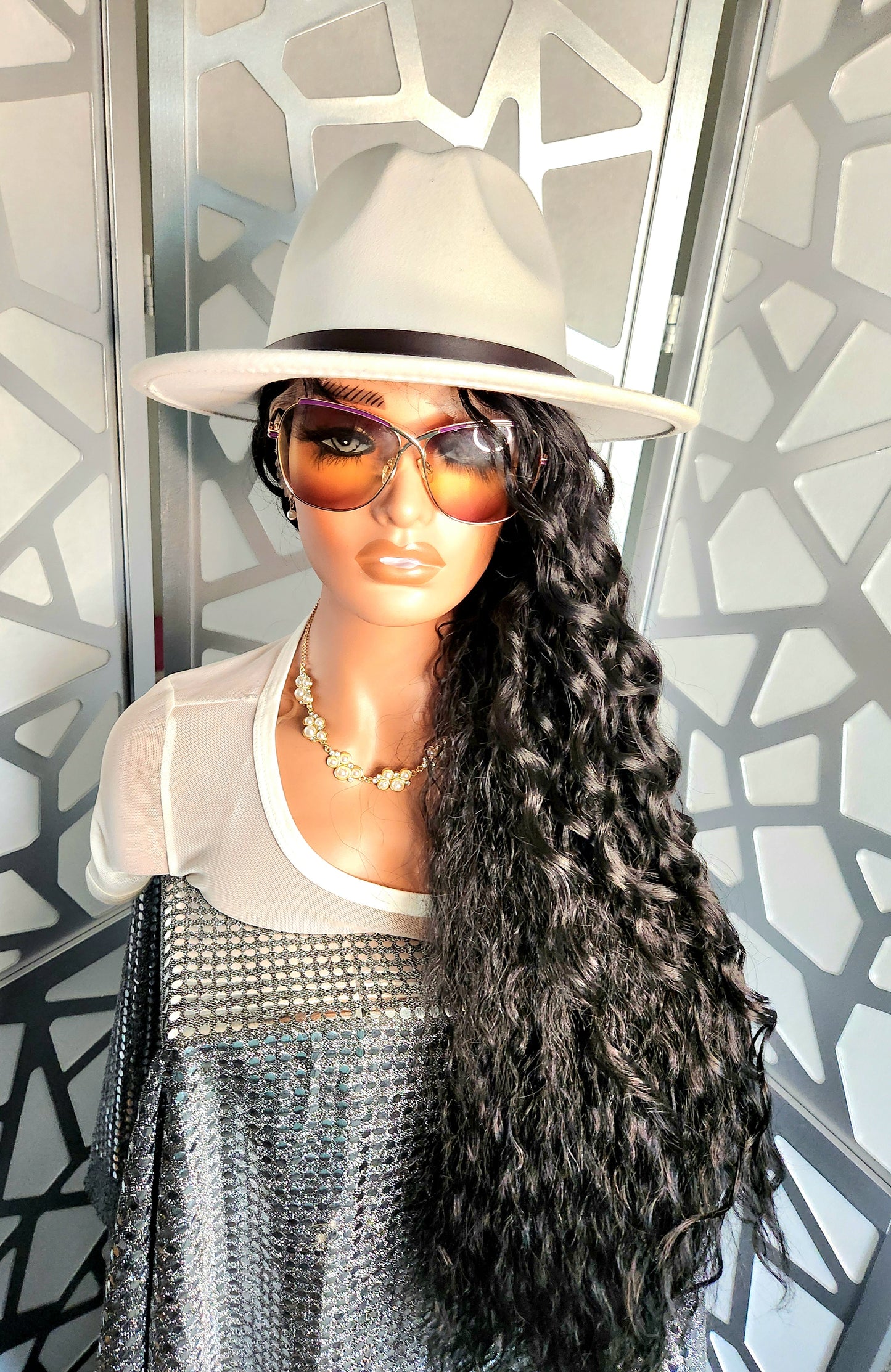 34" Long Curly Wig Black Lace Front Wig Wavy Extra Long Wig Human Hair Blend Glueless Wig Heat Safe