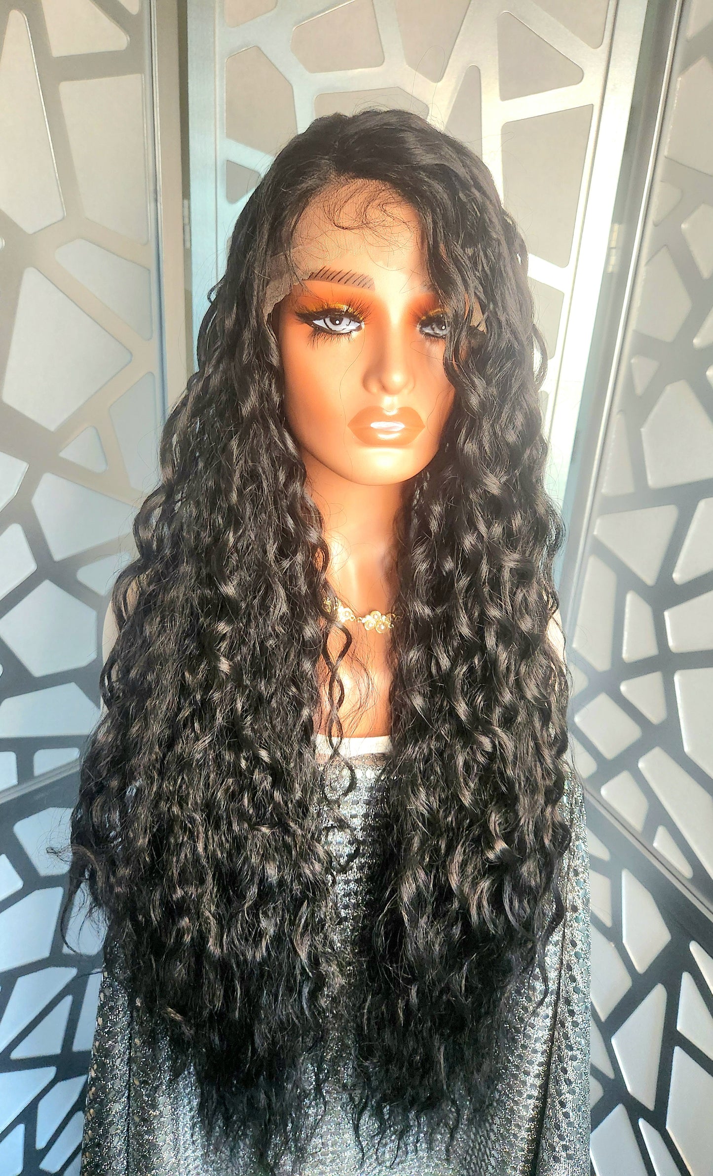 34" Long Curly Wig Black Lace Front Wig Wavy Extra Long Wig Human Hair Blend Glueless Wig Heat Safe