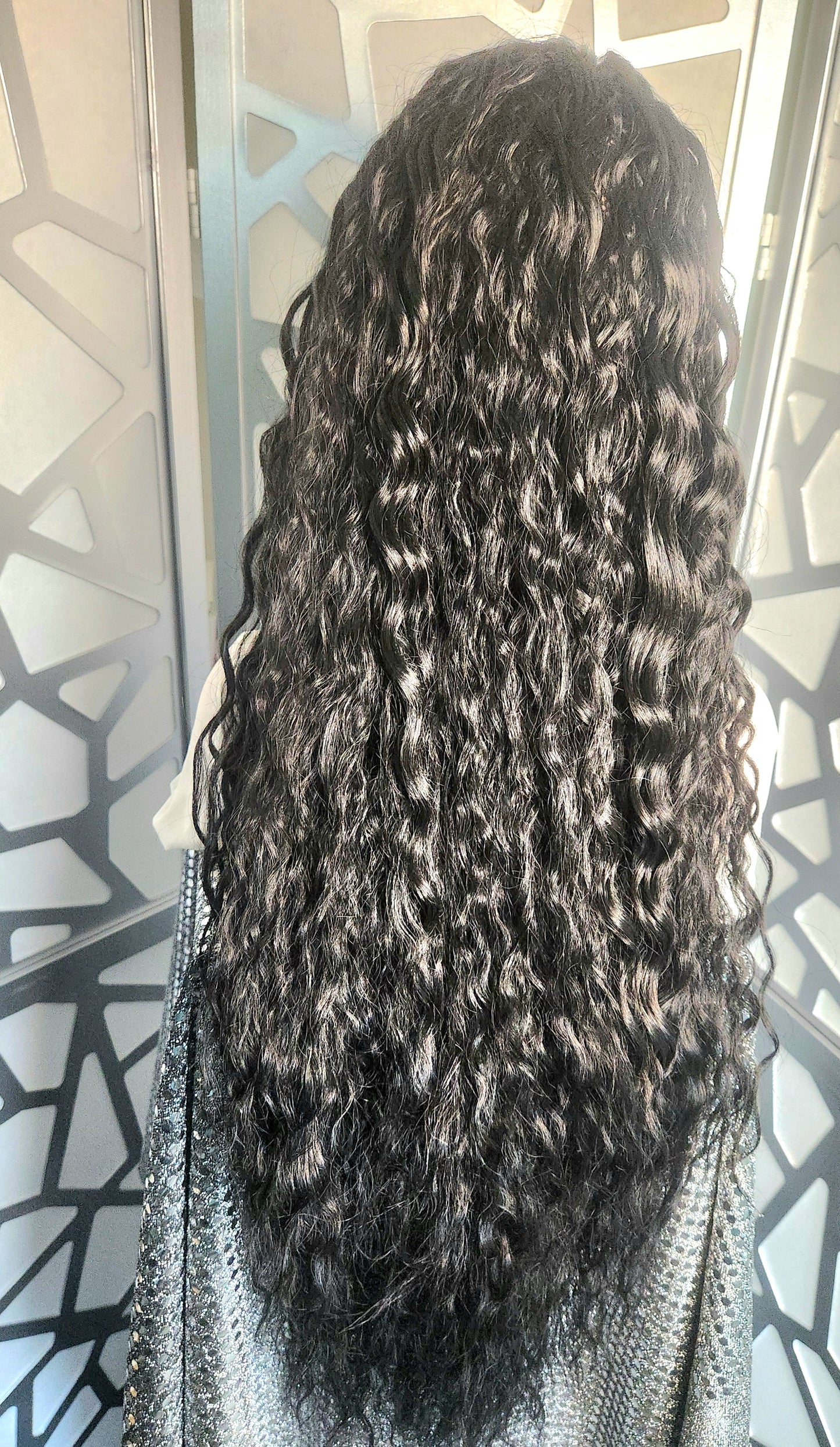 34" Long Curly Wig Black Lace Front Wig Wavy Extra Long Wig Human Hair Blend Glueless Wig Heat Safe