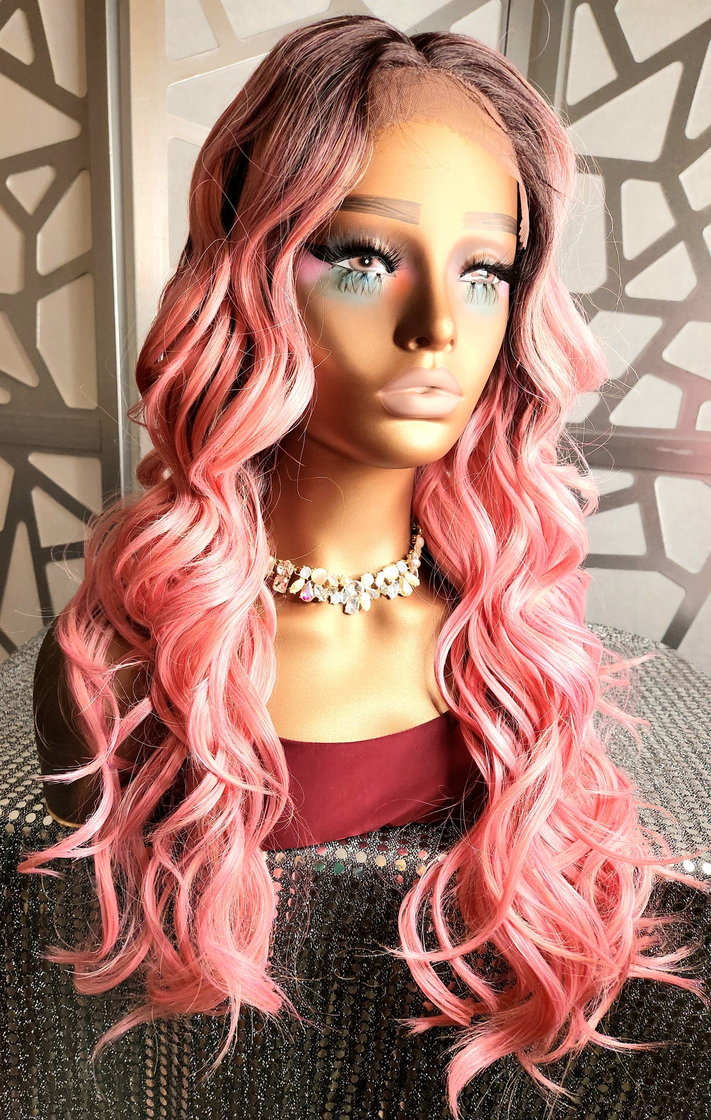 Long Pink Wig, Wavy Long Wig Lace Front Wig Pastel wig, ombre wig, Human Hair Blend Curly Pink Wig Daily Wear Cosplay Anime Pink Hair Heat