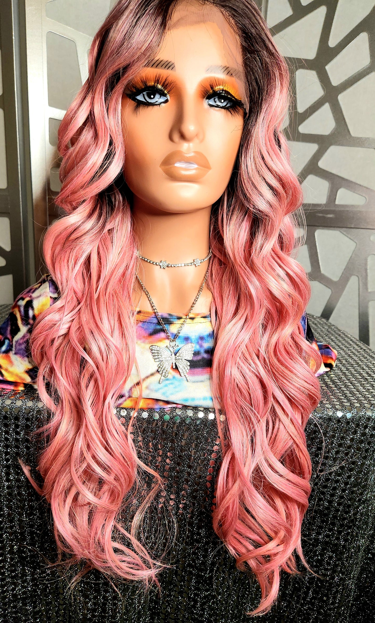 Long Pink Wig, Wavy Long Wig Lace Front Wig Pastel wig, ombre wig, Human Hair Blend Curly Pink Wig Daily Wear Cosplay Anime Pink Hair Heat