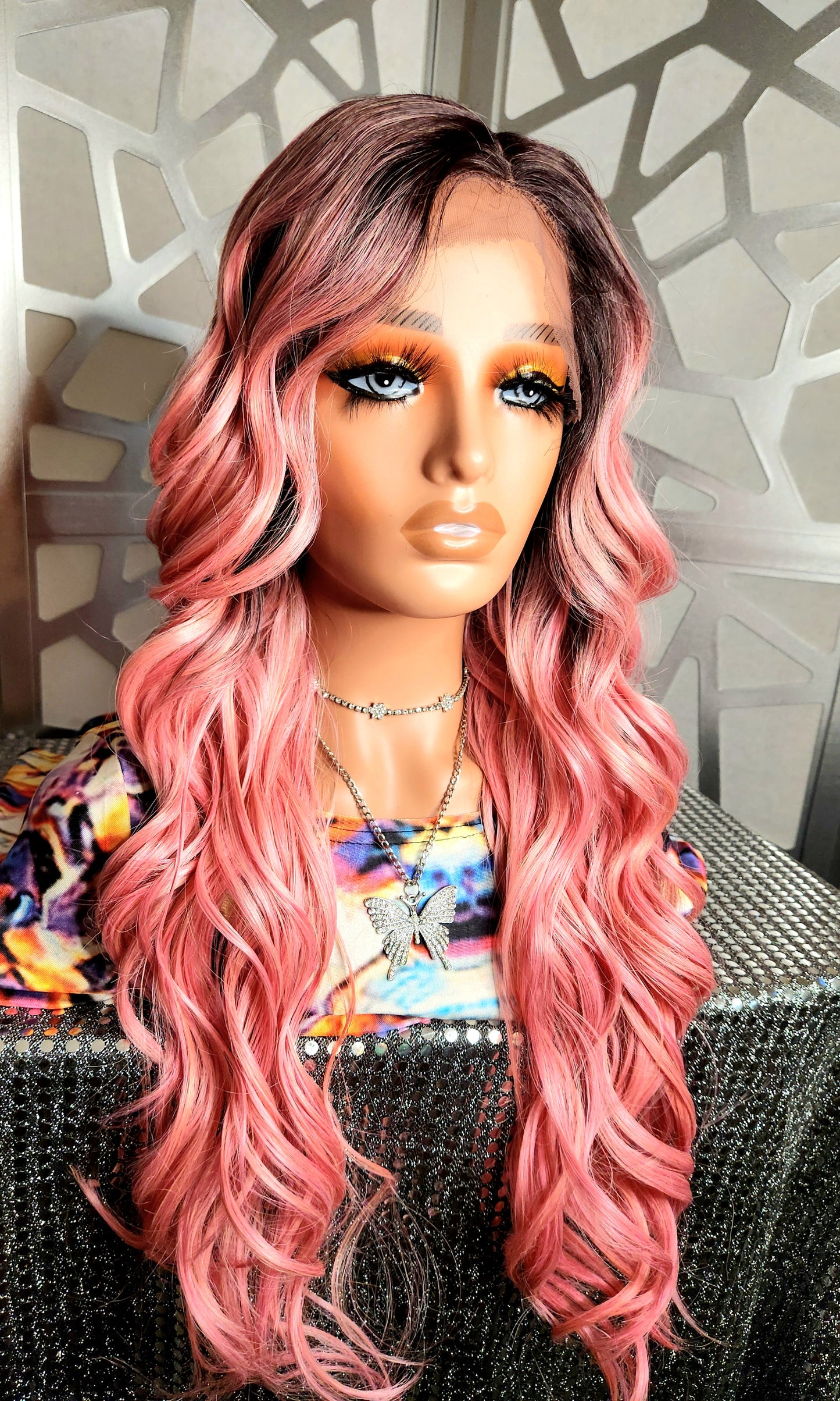 Long Pink Wig, Wavy Long Wig Lace Front Wig Pastel wig, ombre wig, Human Hair Blend Curly Pink Wig Daily Wear Cosplay Anime Pink Hair Heat