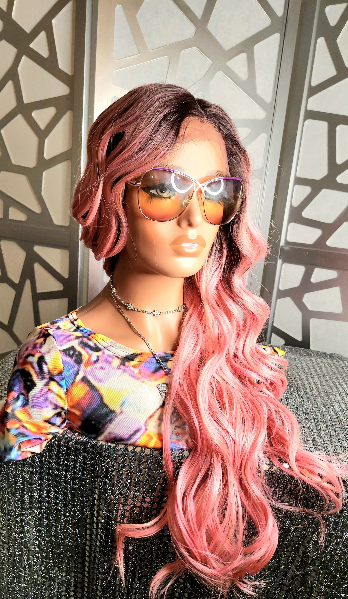 Long Pink Wig, Wavy Long Wig Lace Front Wig Pastel wig, ombre wig, Human Hair Blend Curly Pink Wig Daily Wear Cosplay Anime Pink Hair Heat