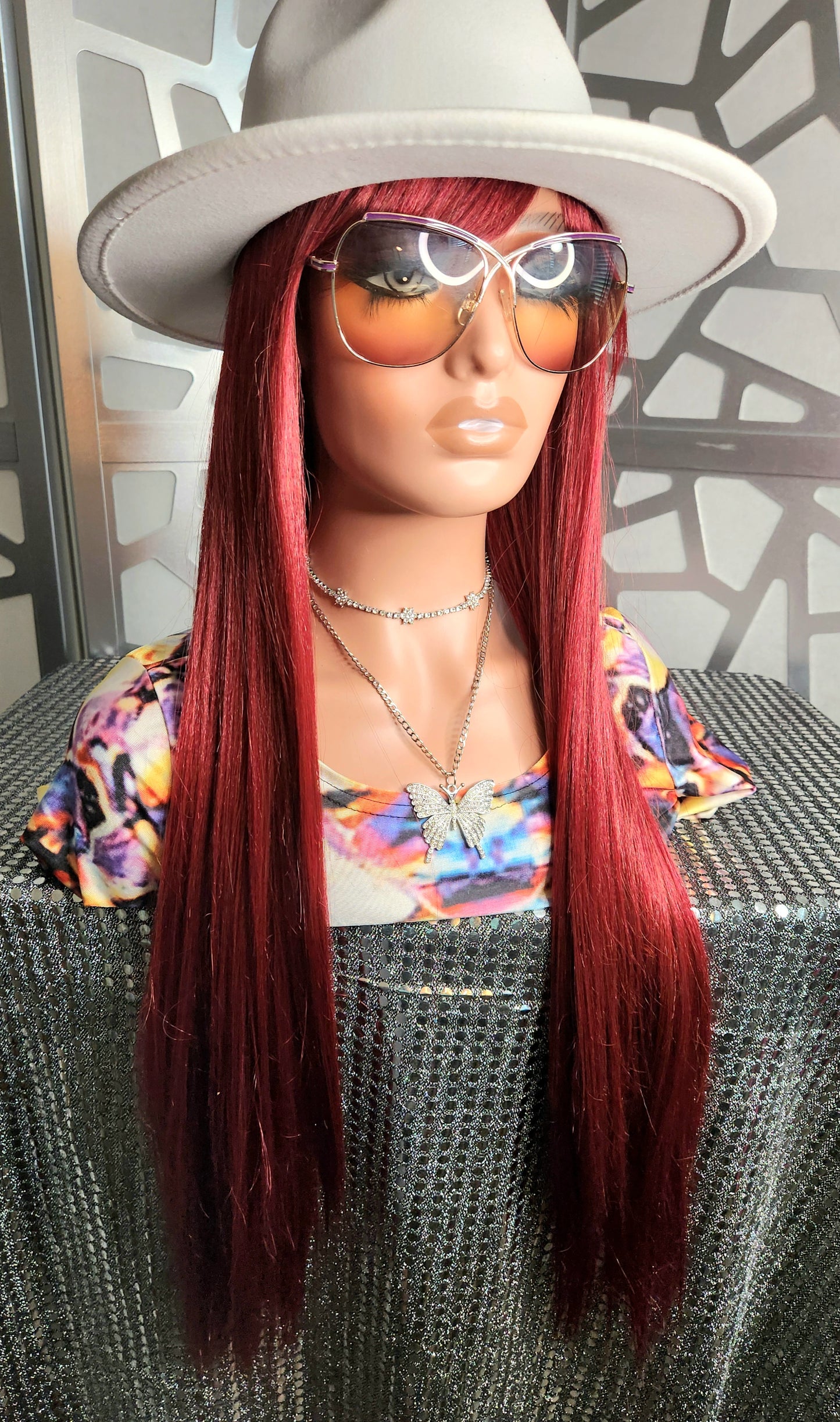 Red Straight Wig with Bangs, Burgundy Wig Long Straight Wig with Bangs, Human Hair Blend Glueless Wig   Bob Wig Long Red Wig Heat Safe