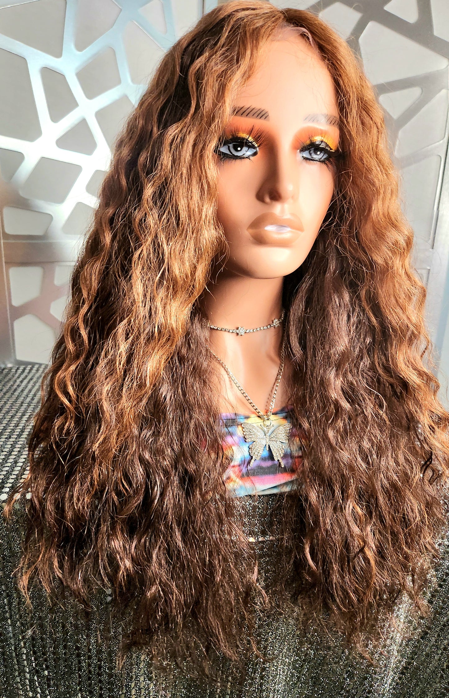 Curly Lace Front Wig Ombre Blonde Auburn Wig Human Hair Blend Glueless Wavy Reddish Blonde Wig Heat Safe Daily Wear or Hair loss